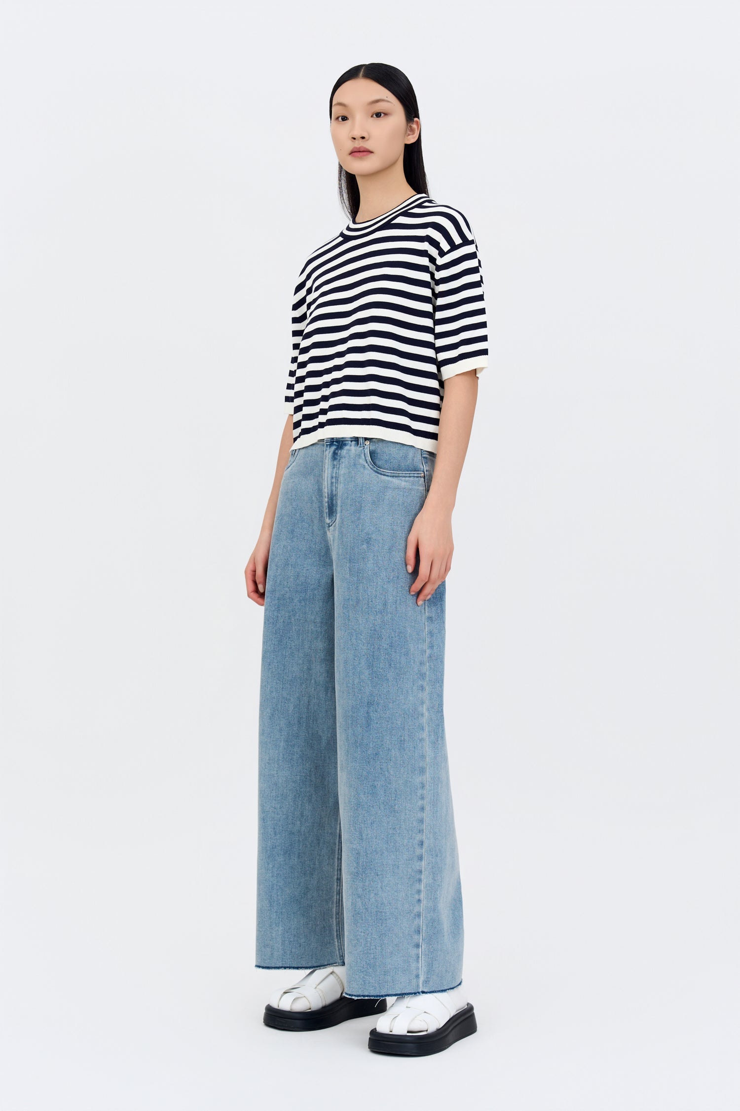 Knitted Drop Shoulders Top - Navy Stripes