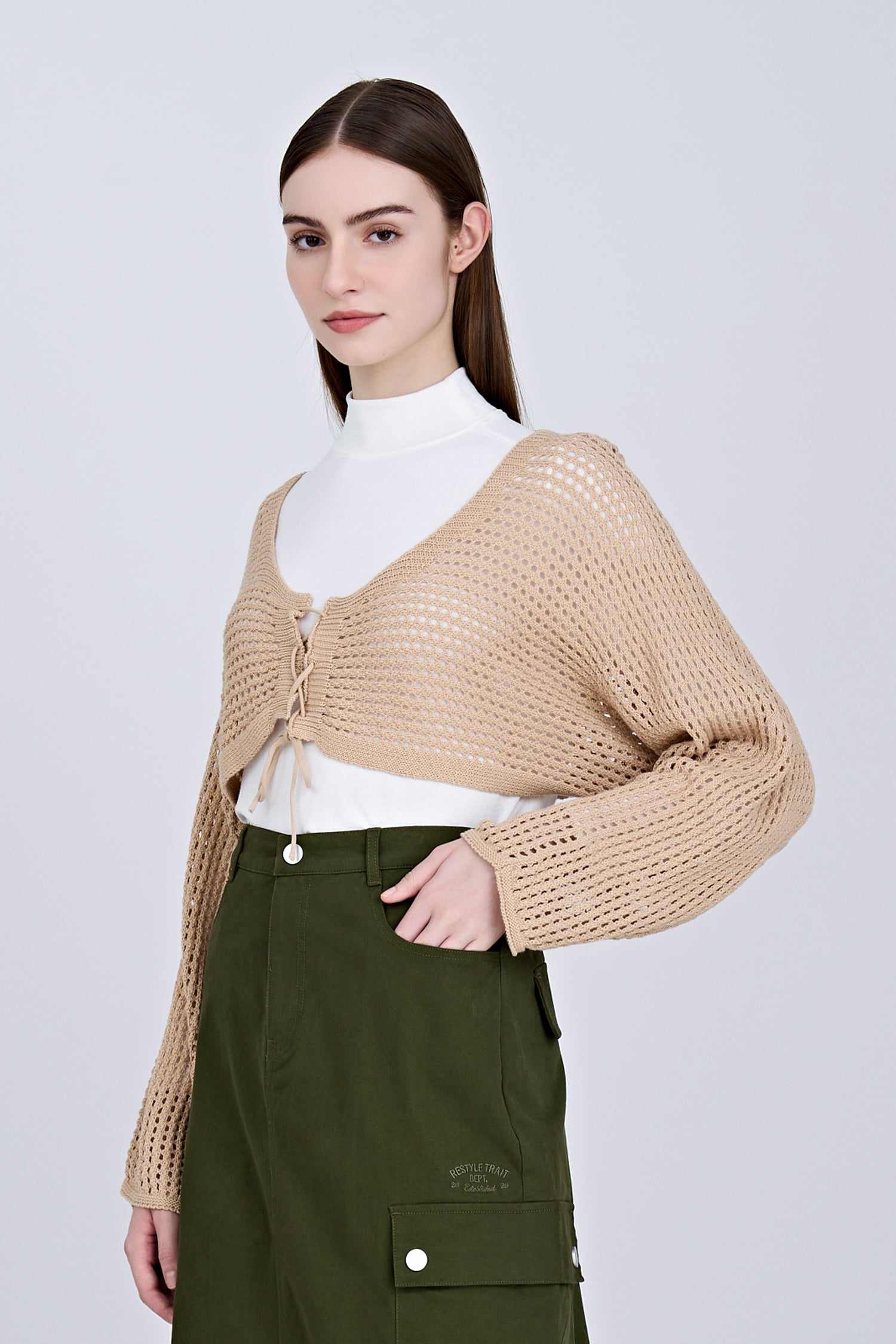 Knitted Mesh Cardigan - Khaki [AT]