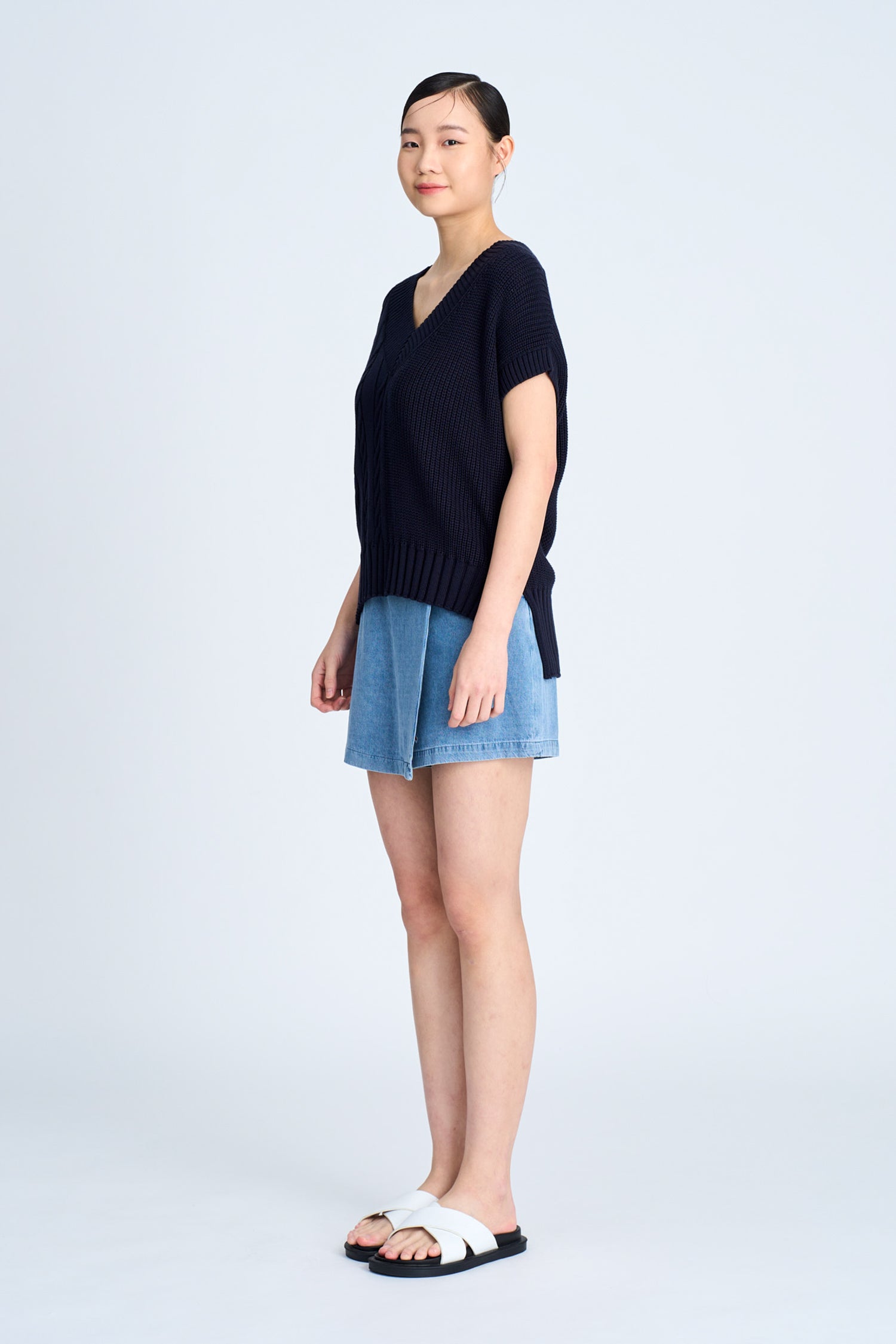 Asymmetric Cable Knit Sweater - Navy