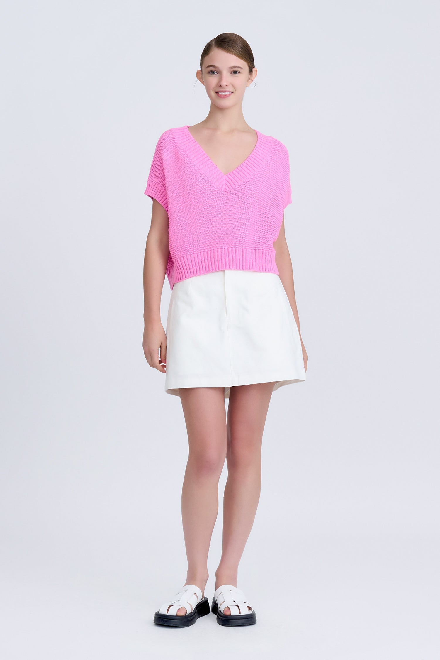V-Neck Cropped Sweater - Pink [AT]