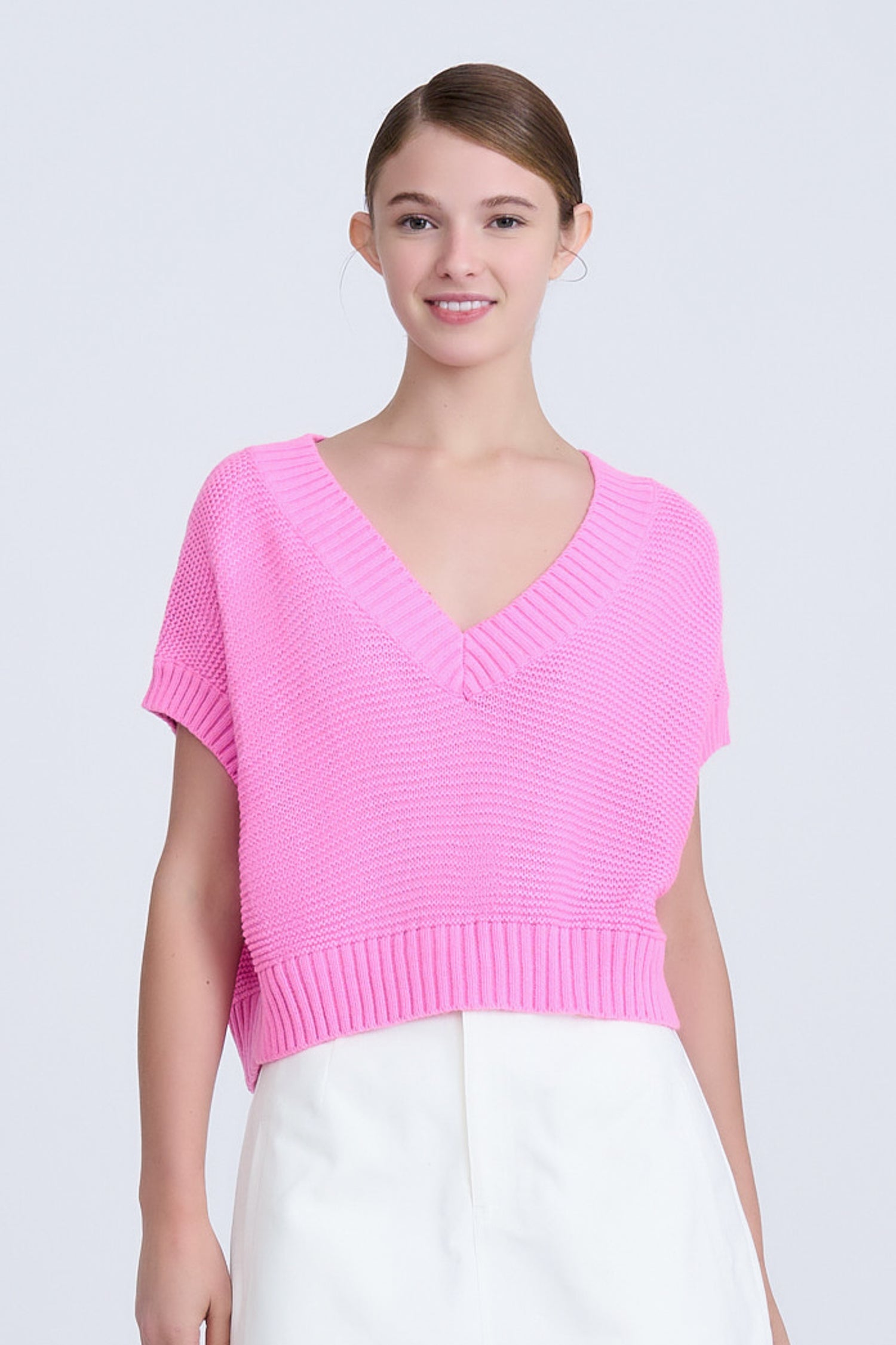 V-Neck Cropped Sweater - Pink [AT]