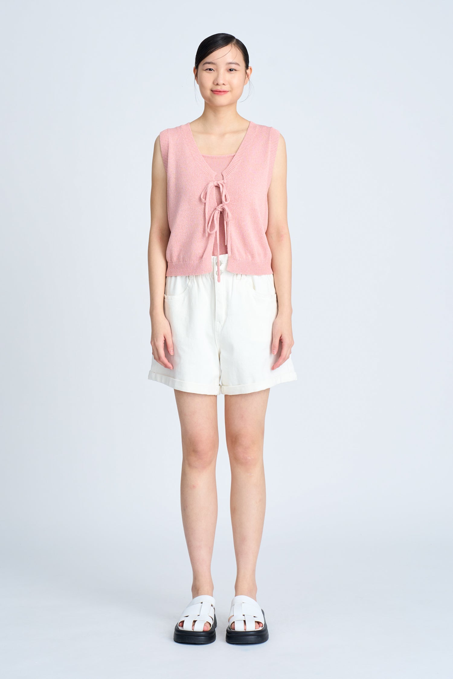Knitted Bow Open Front Top - Blush [AT]