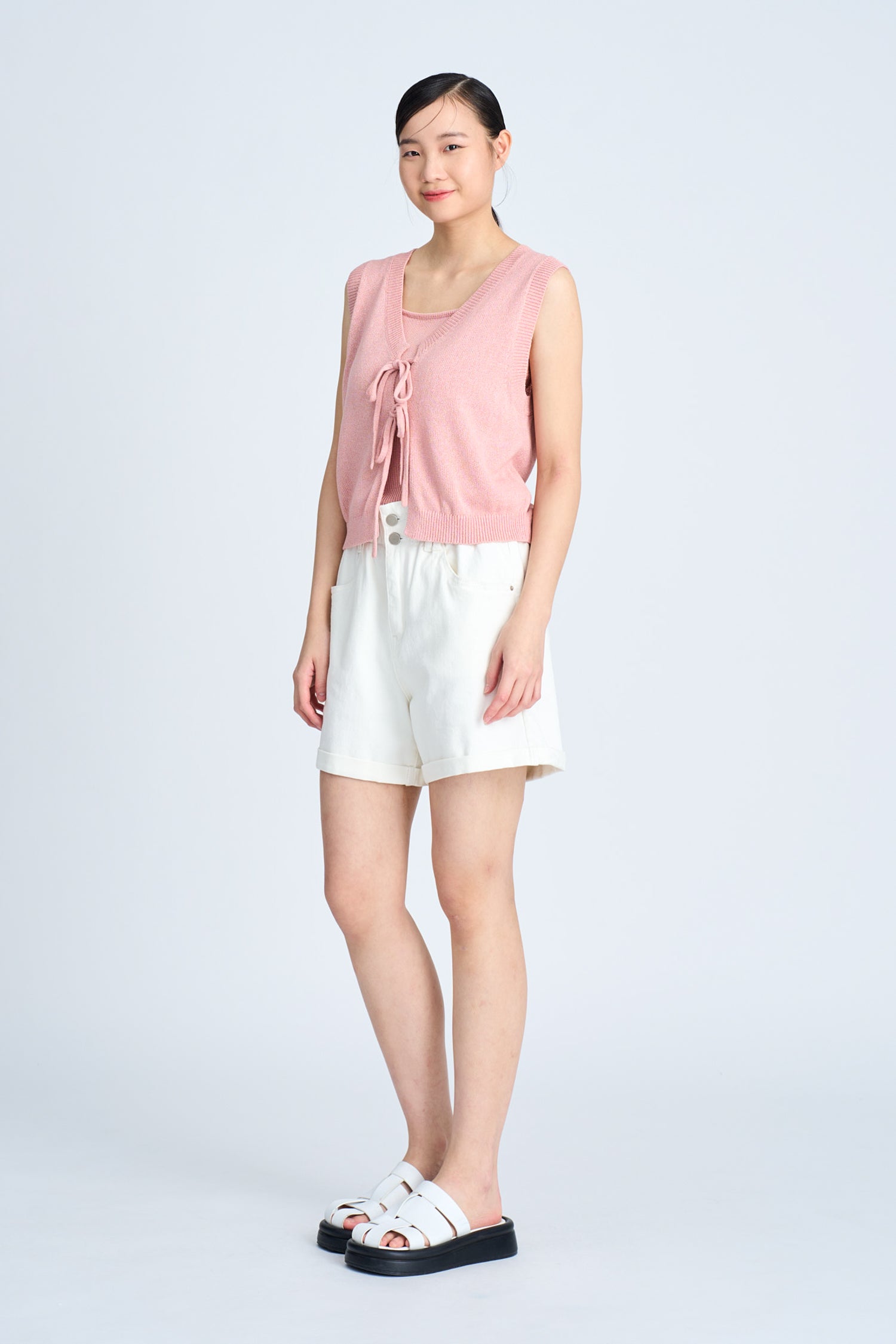 Knitted Bow Open Front Top - Blush [AT]