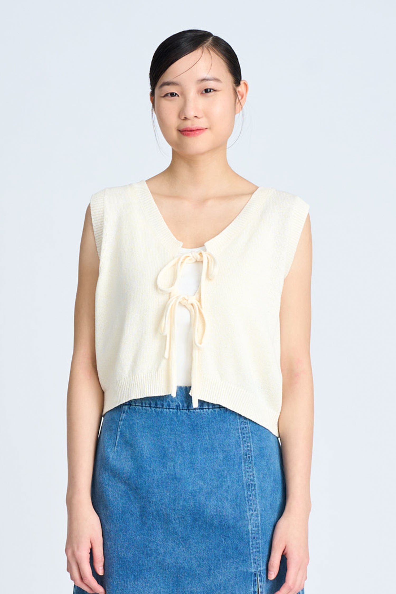 Knitted Bow Open Front Top - Sand [AT]