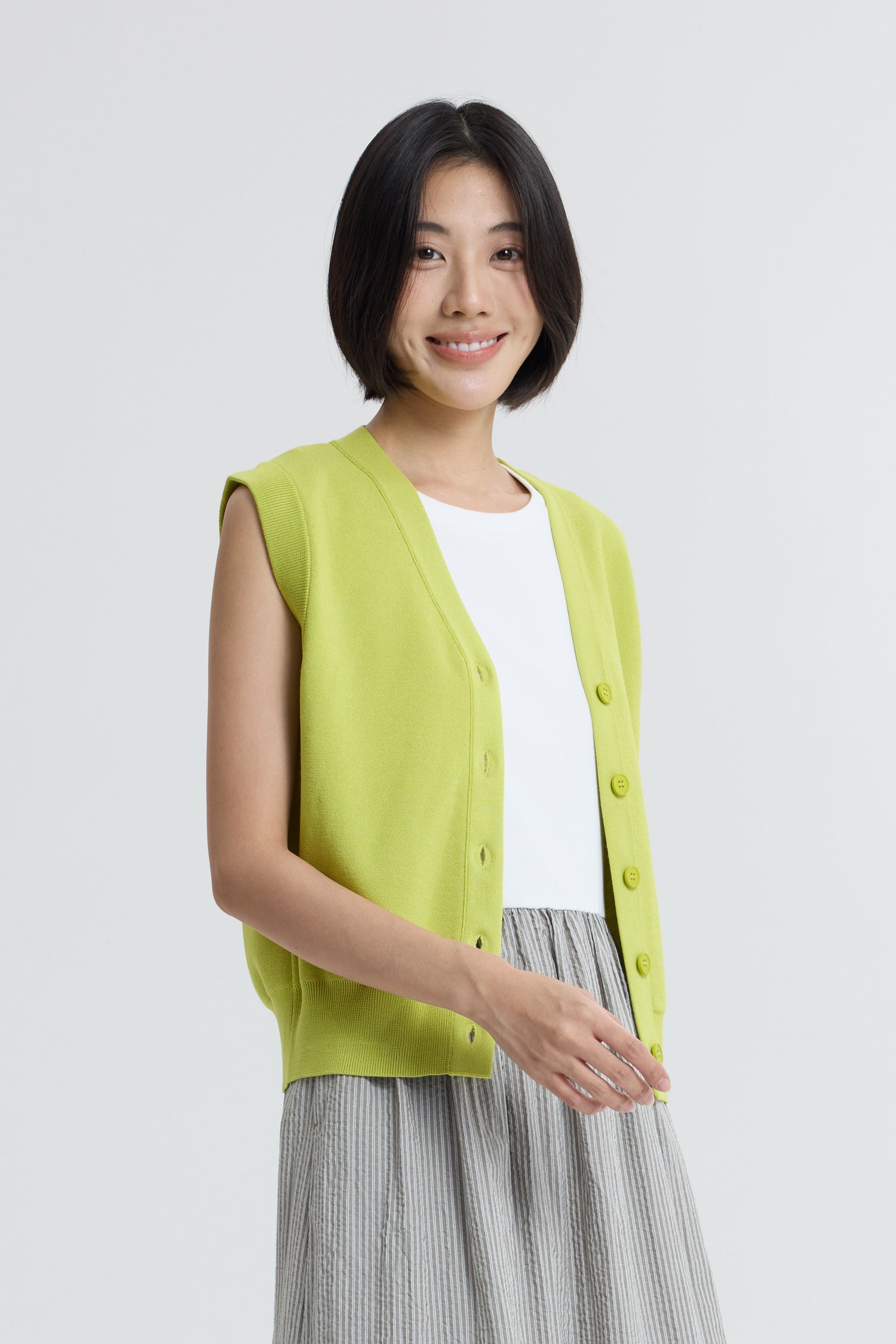 Knitted Button Down Vest - Chartreuse
