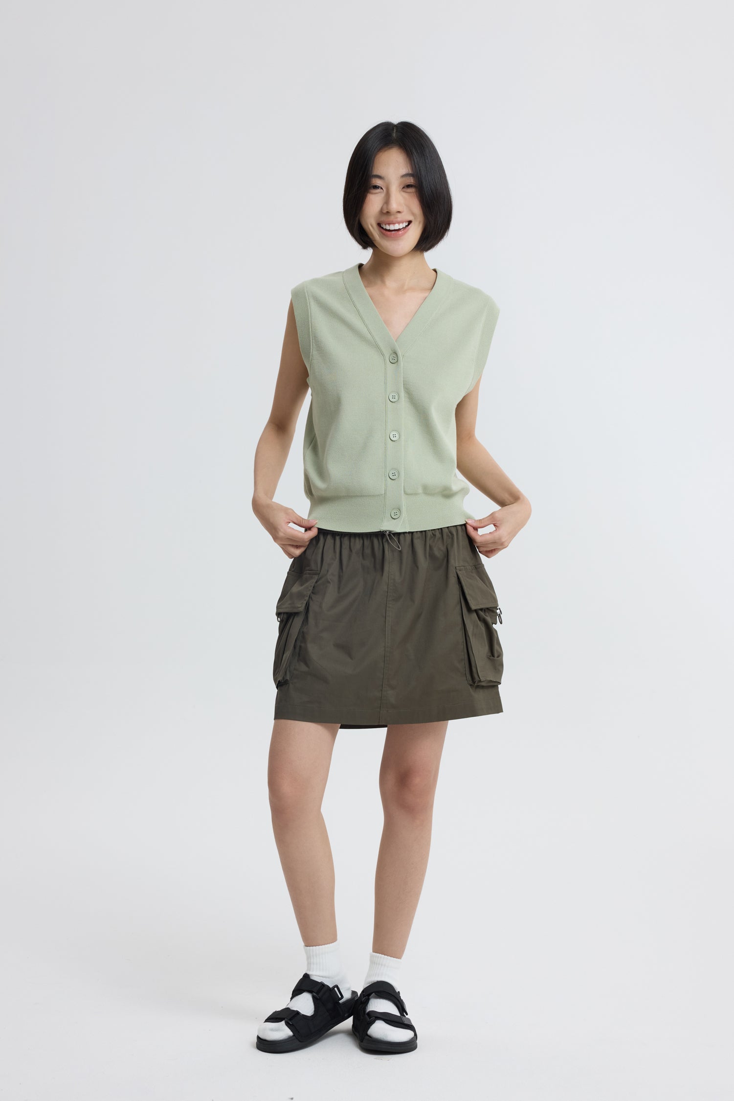 Knitted Button Down Vest - Sage