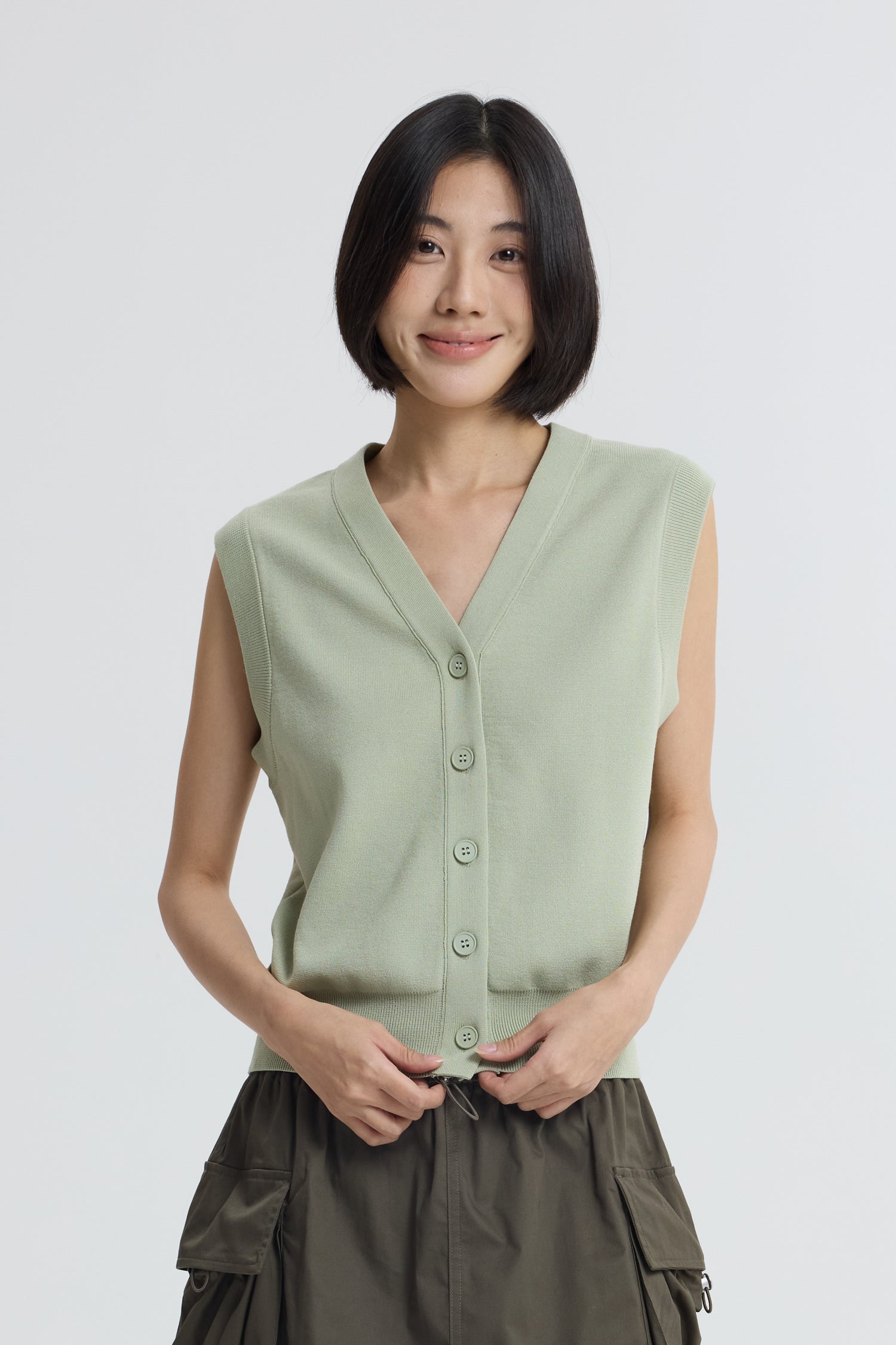 Knitted Button Down Vest - Sage