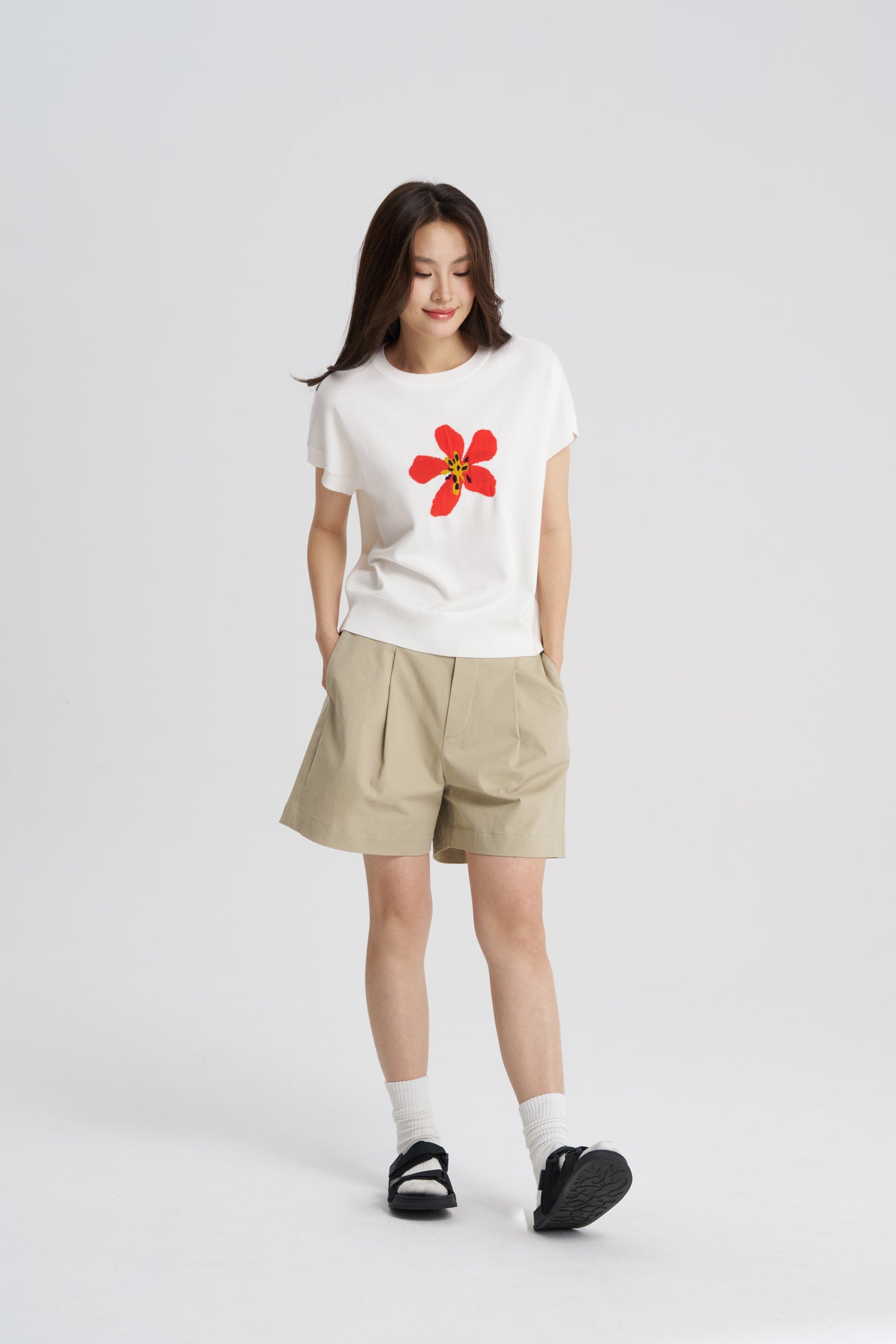Knitted Floral Top - Cream