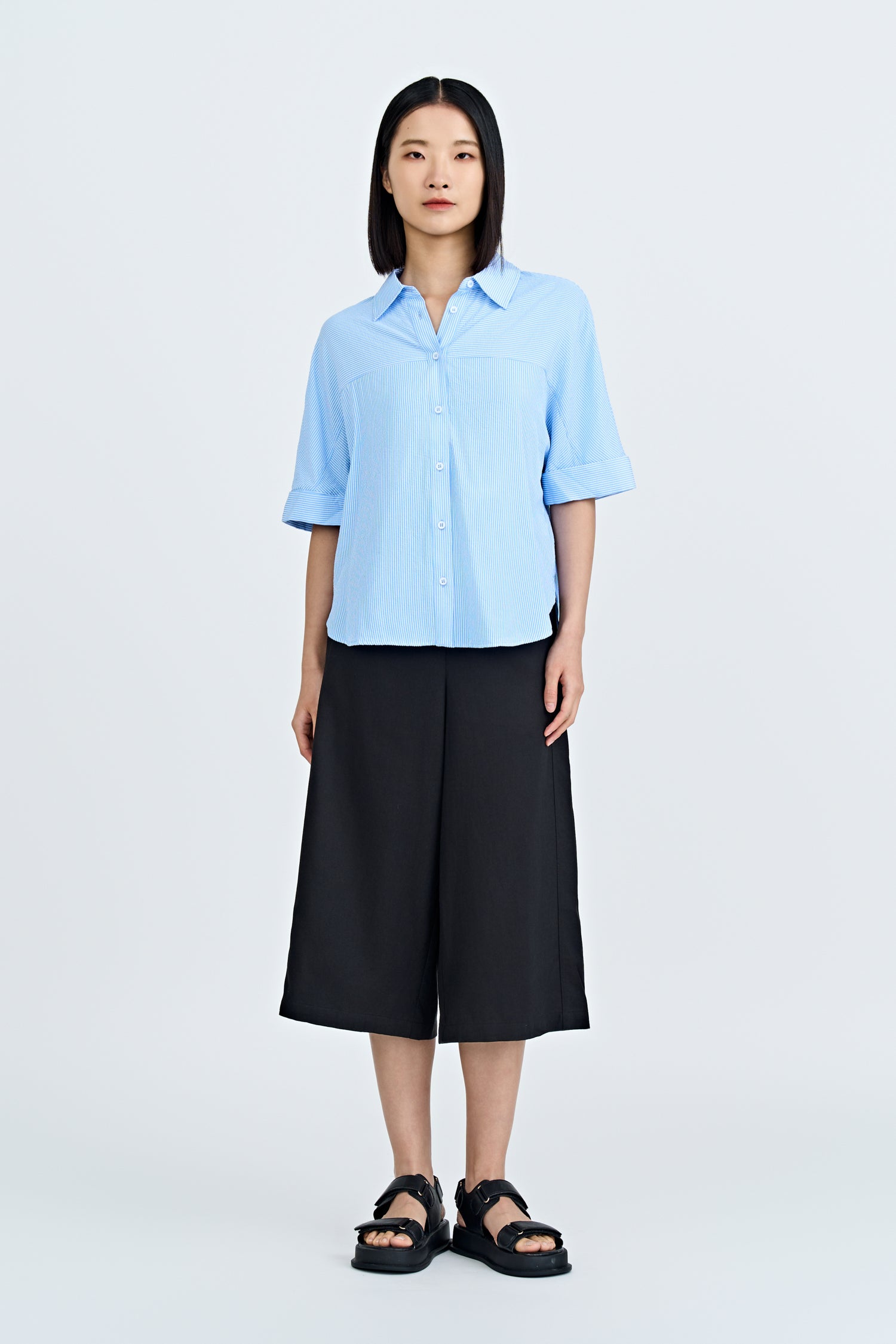 Double Button Midi Wide Leg Pants - Black
