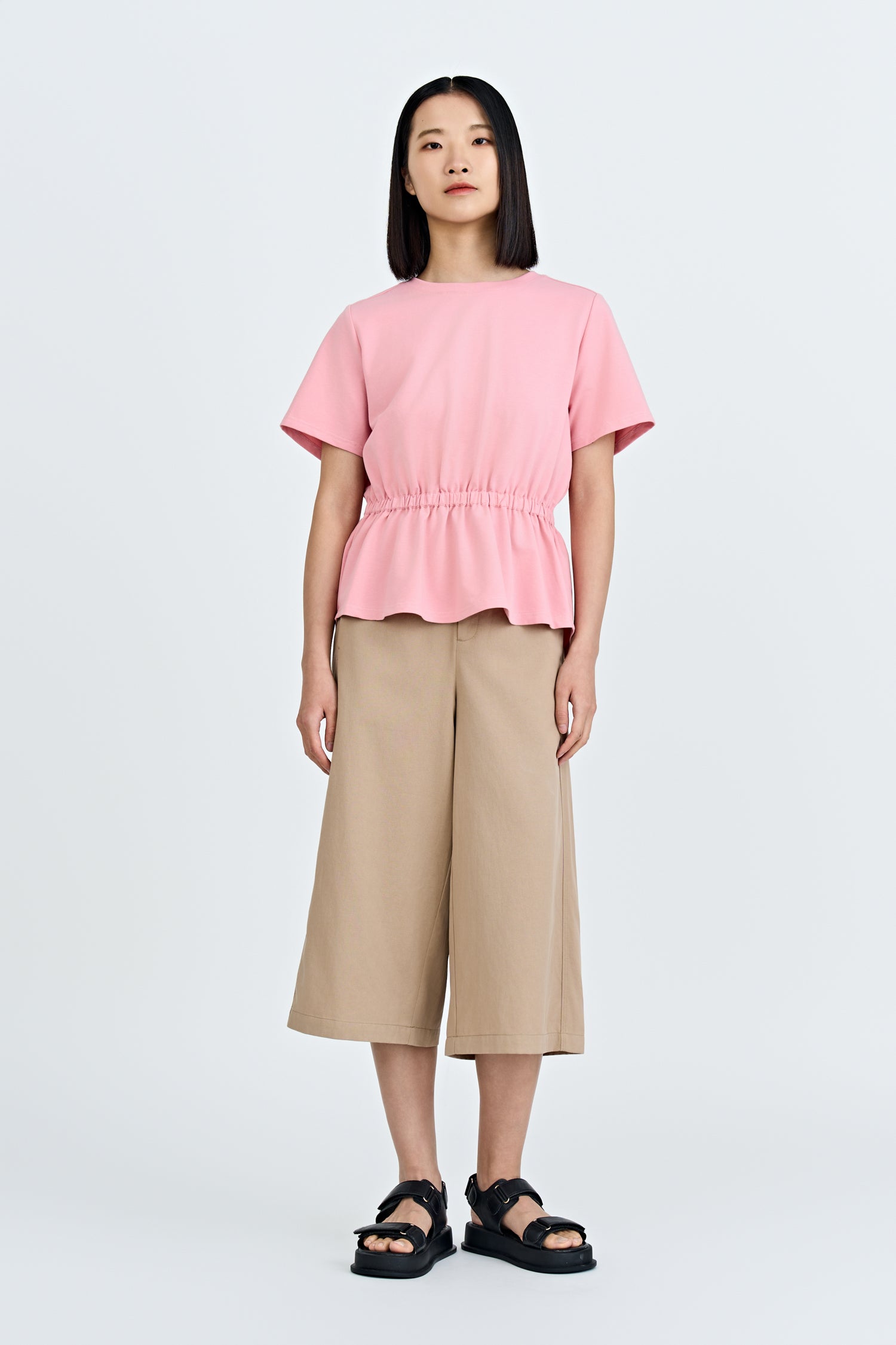Double Button Midi Wide Leg Pants - Khaki