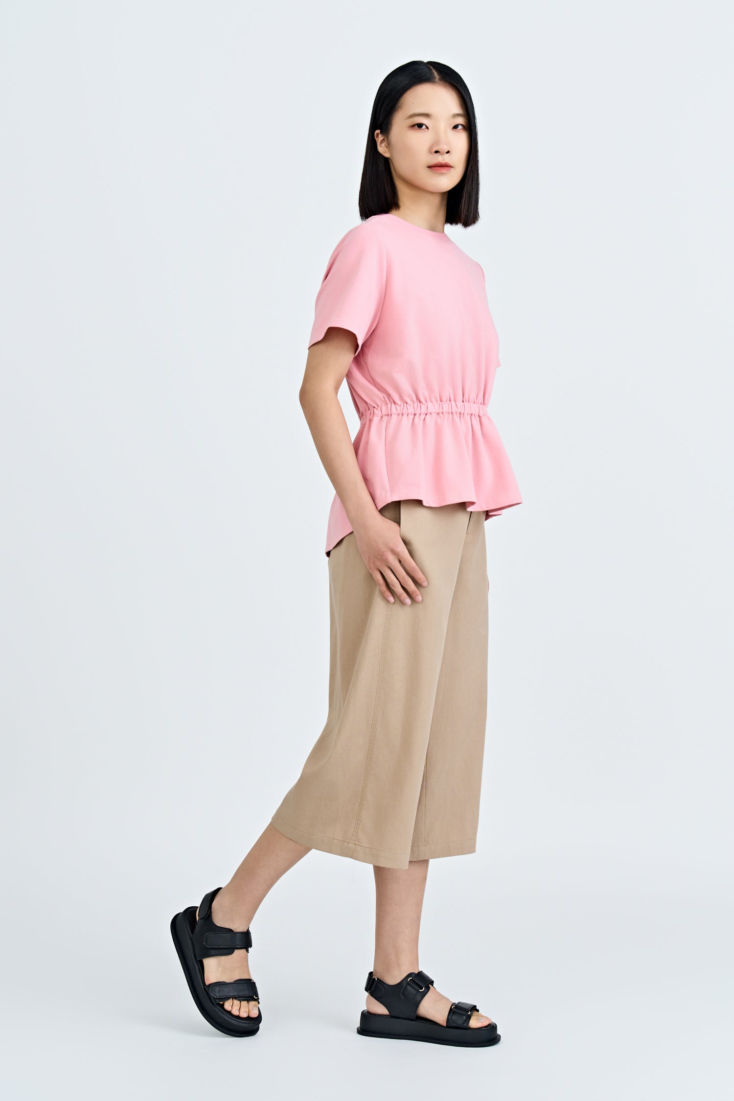 Double Button Midi Wide Leg Pants - Khaki