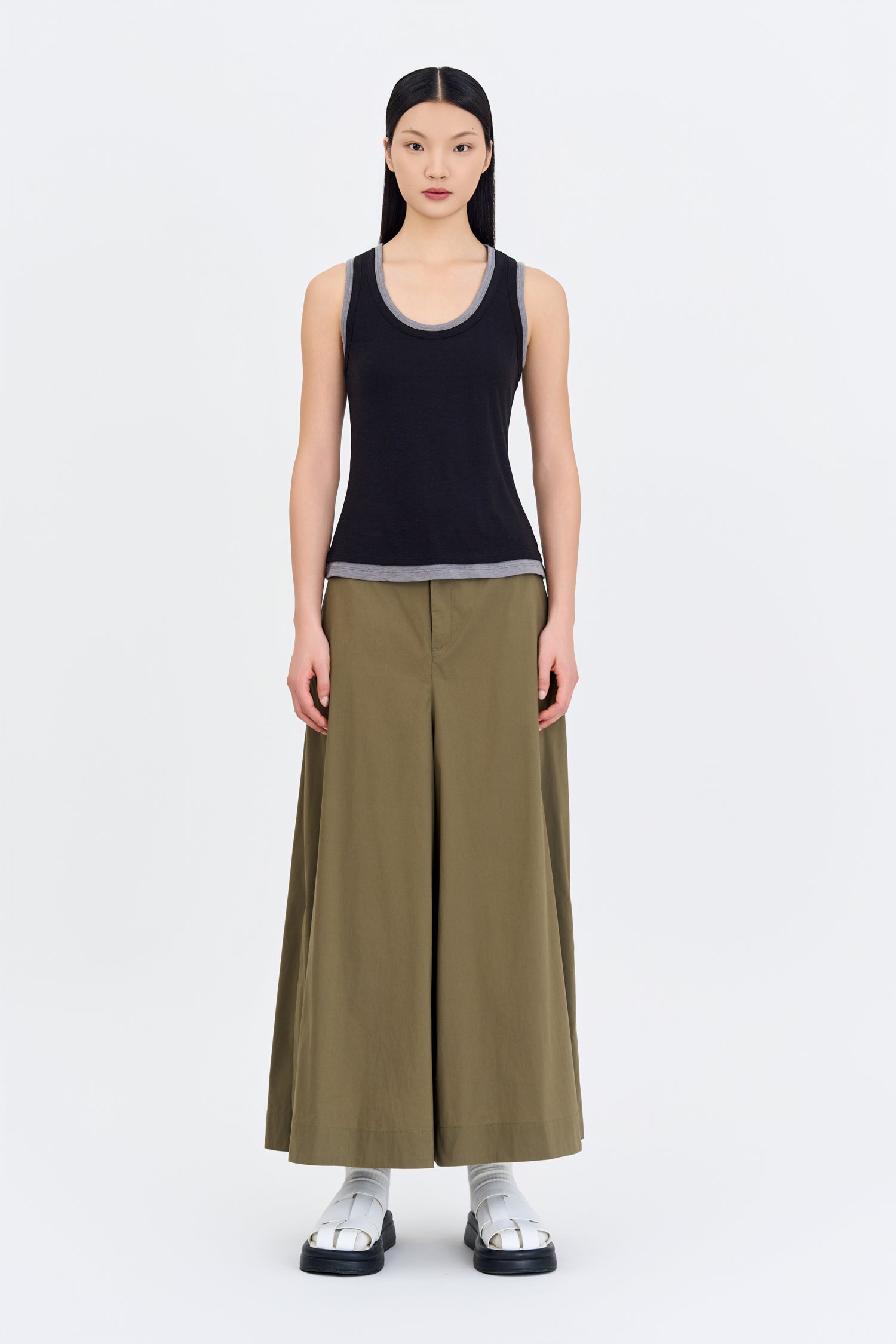 Double Button Flare Pants - Khaki Green