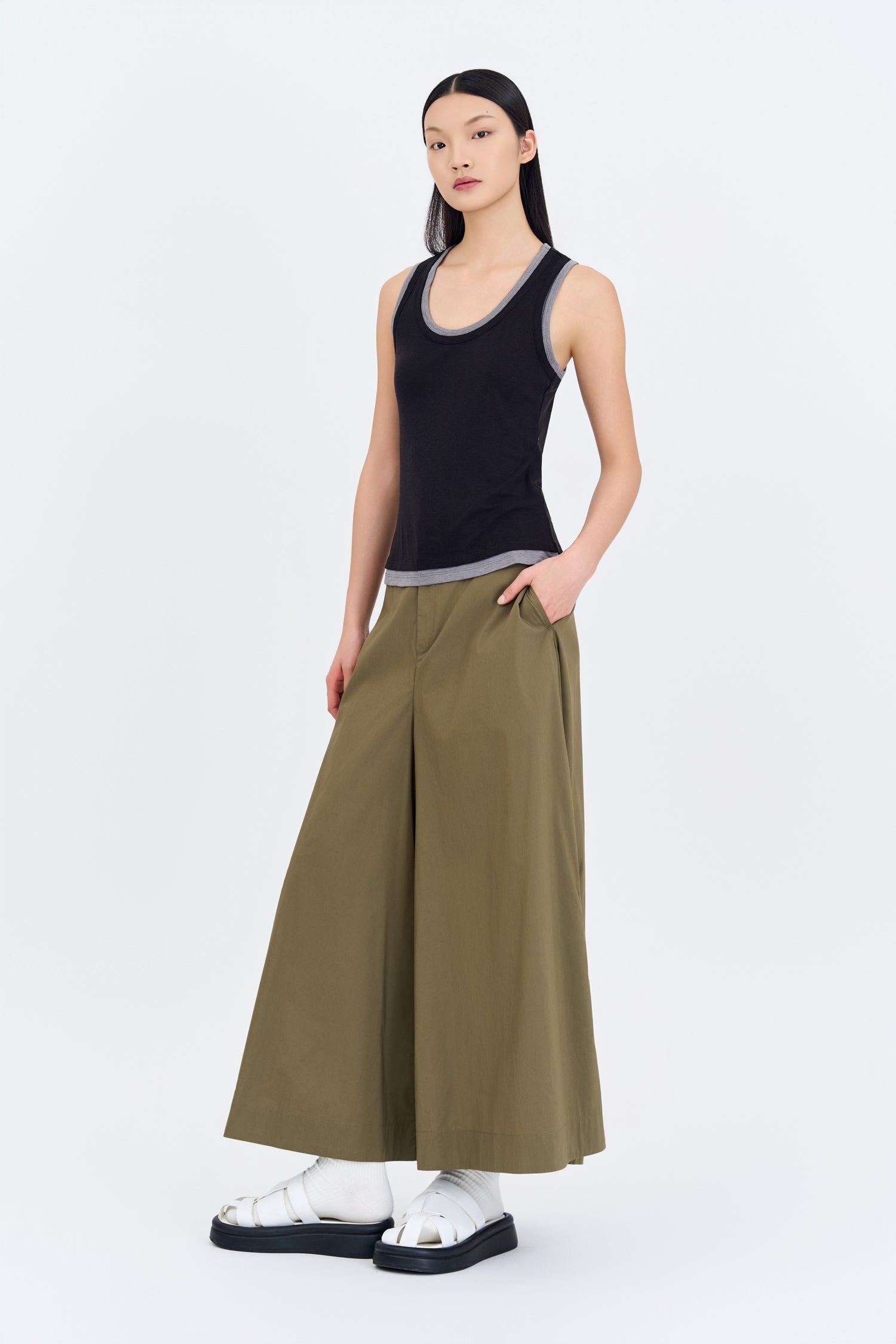 Double Button Flare Pants - Khaki Green