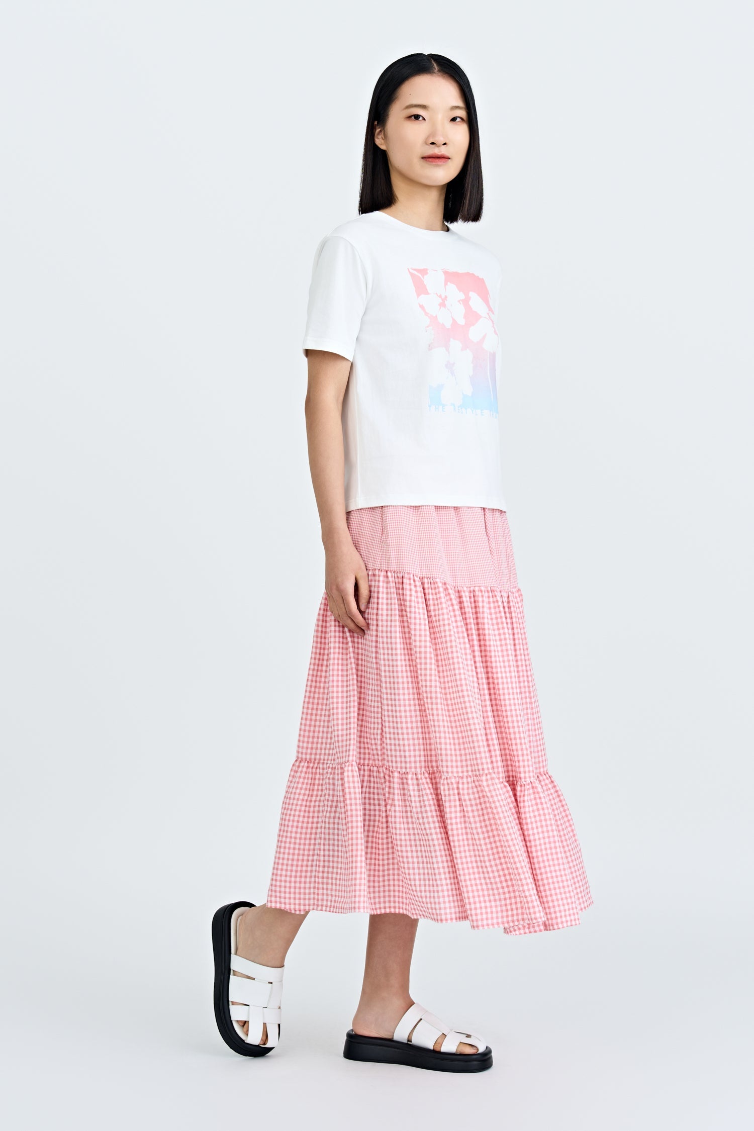 Checkered Tier Skirt - Checkered Blush