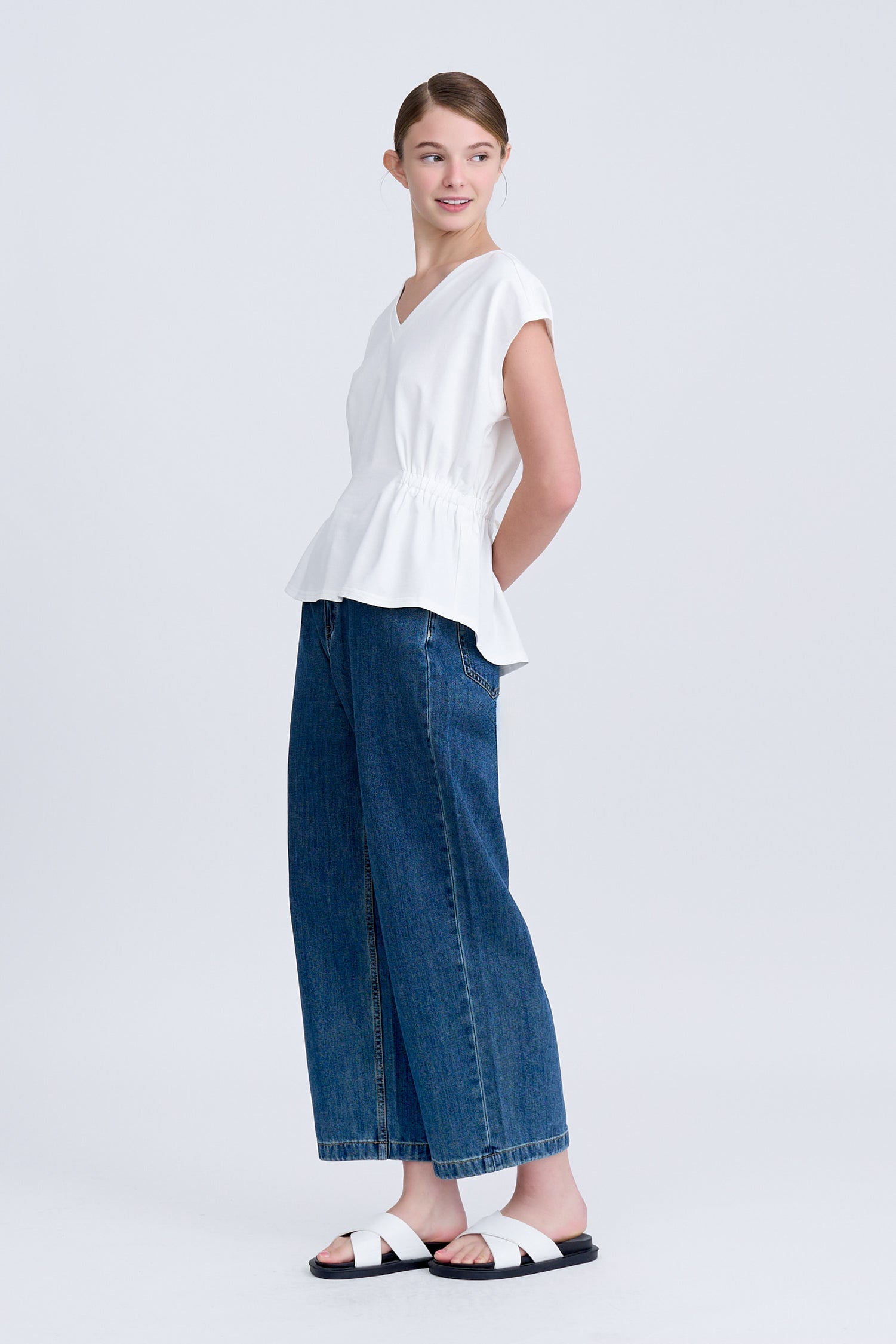 Elasticated Waist V-Neck Tee - Cream