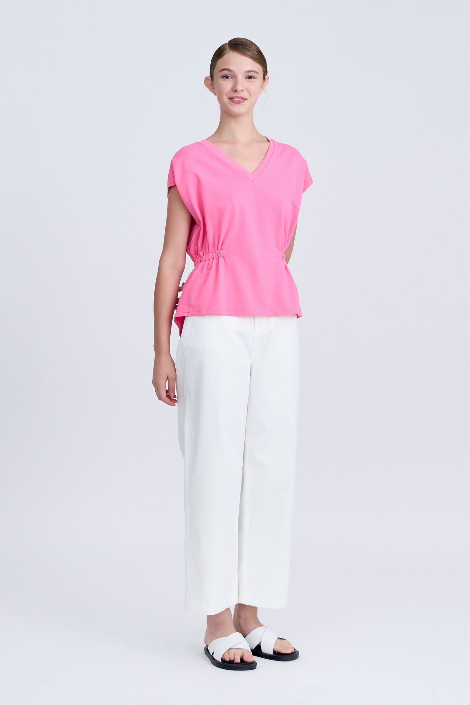 Elasticated Waist V-Neck Tee - Pink [AT]