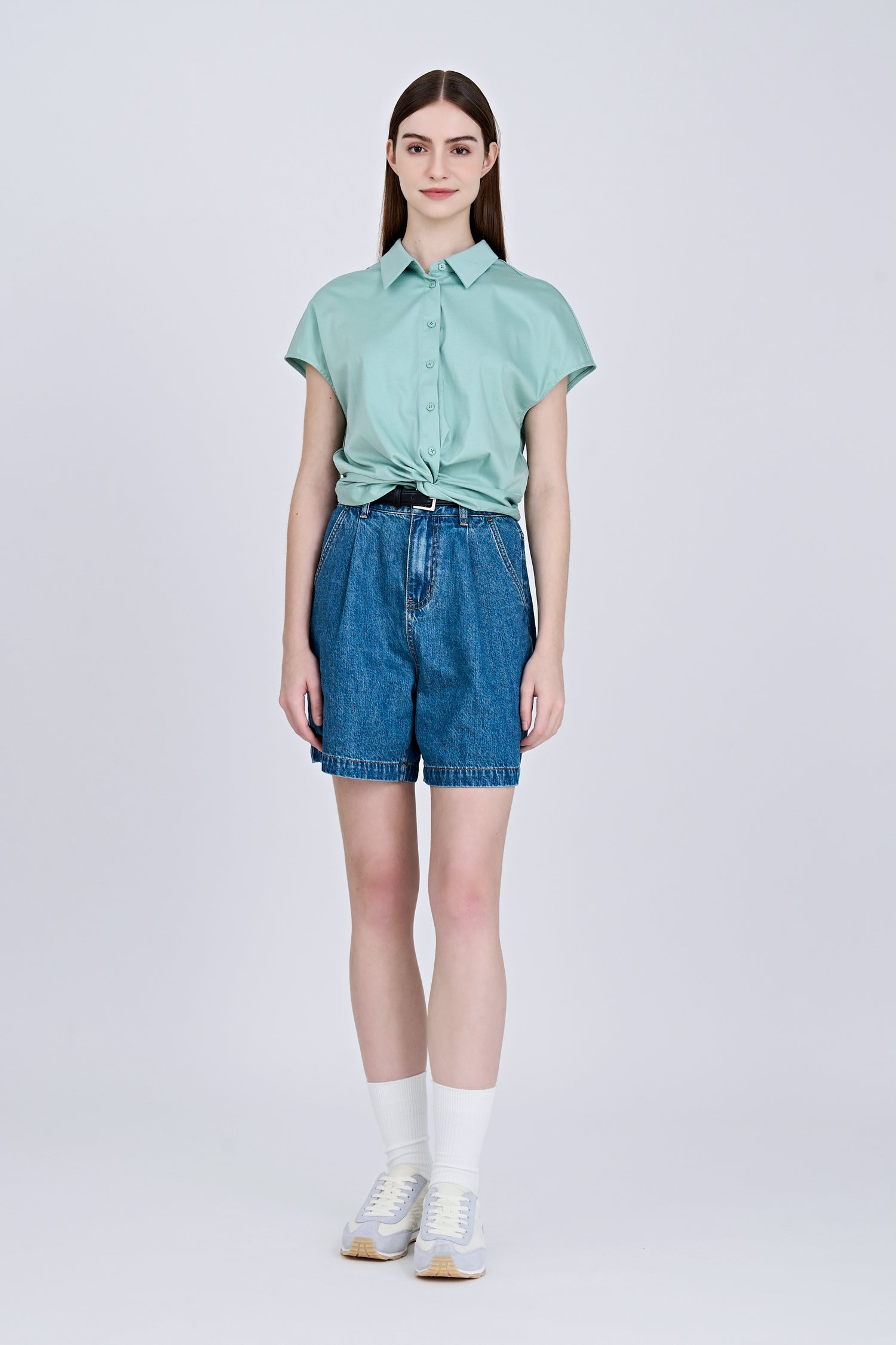 Front Twist Knot Blouse - Ice Green