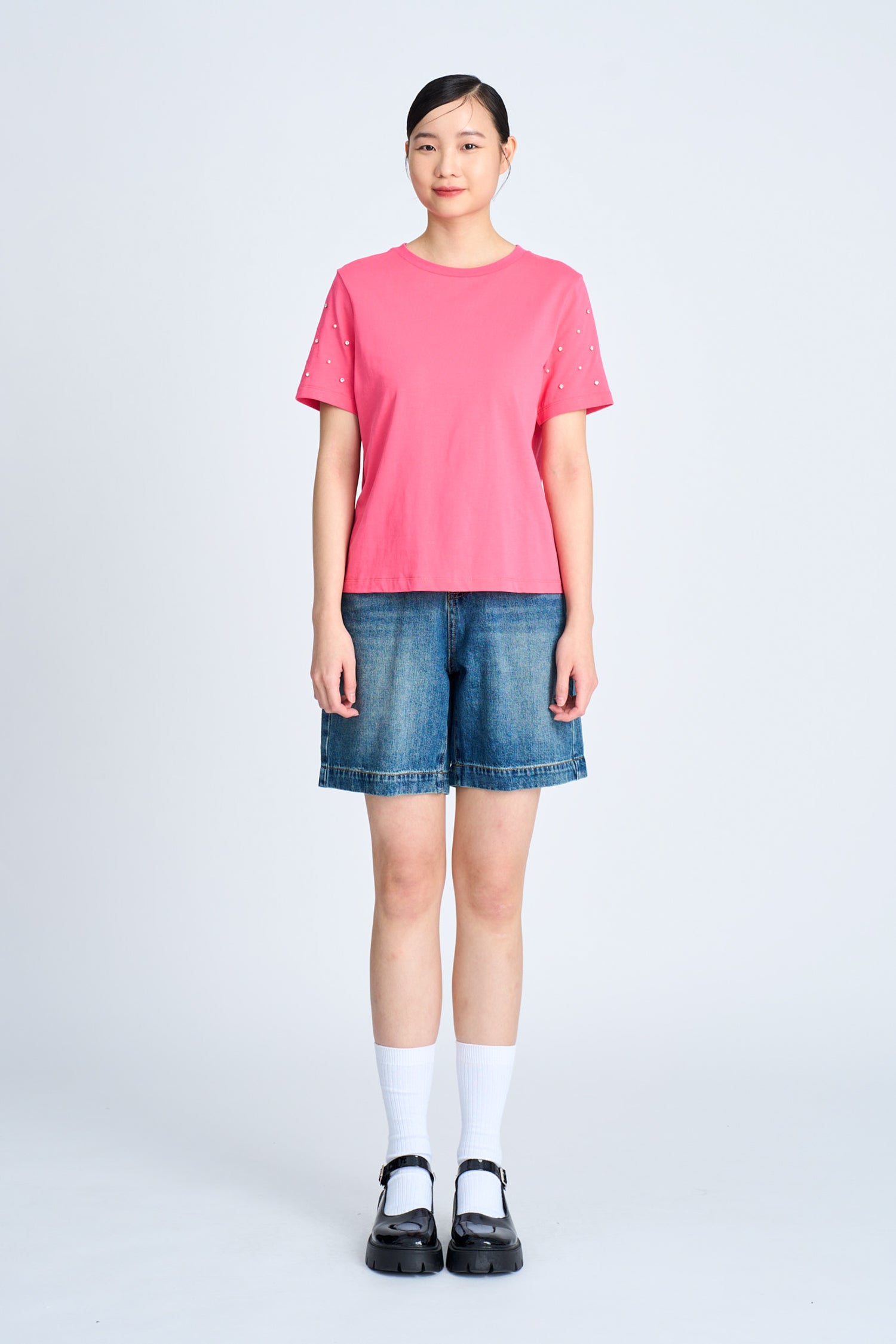 Rhinestone Sleeve Tee - Hot Pink