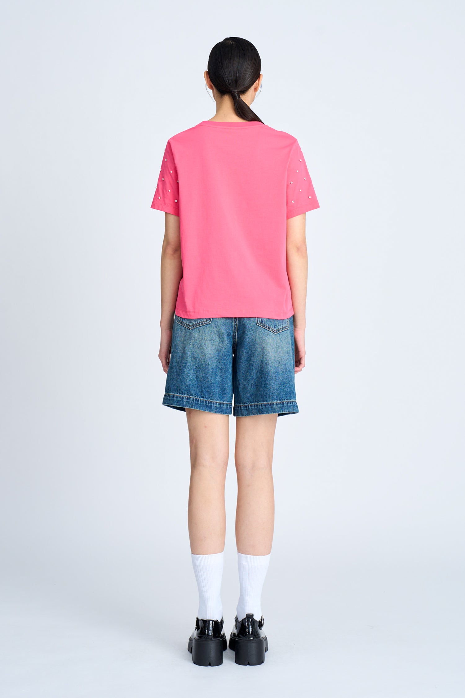Rhinestone Sleeve Tee - Hot Pink