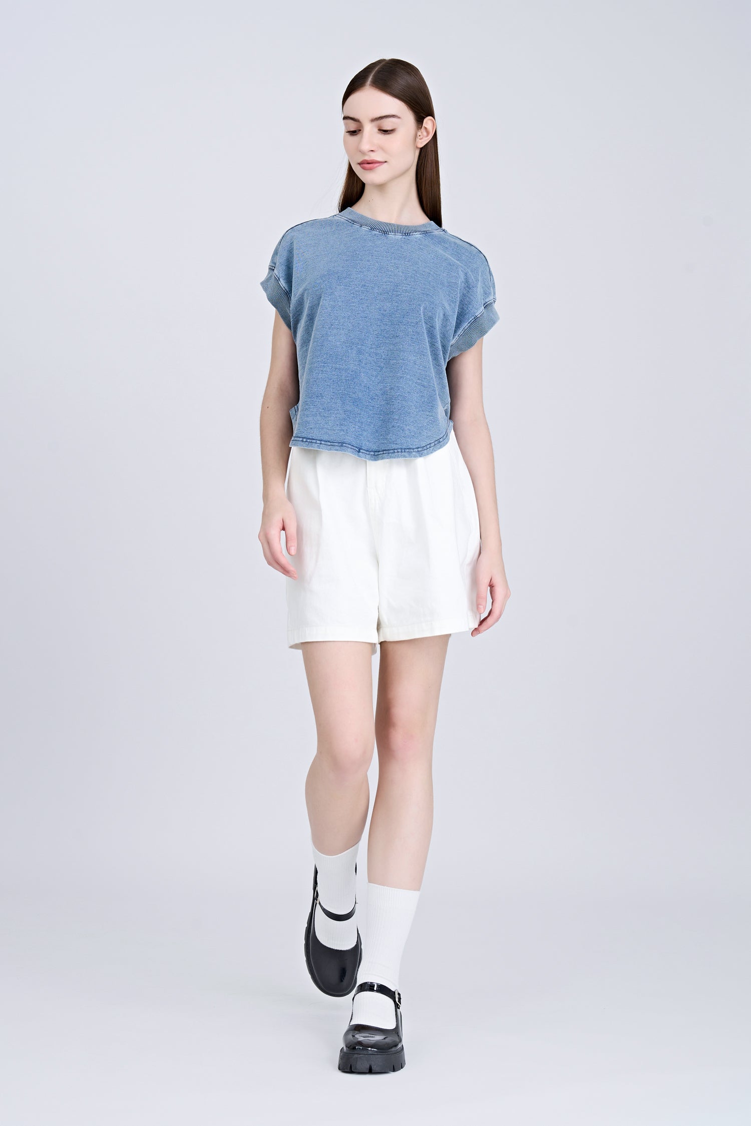 Denim Ribbed Collar Tee - Denim