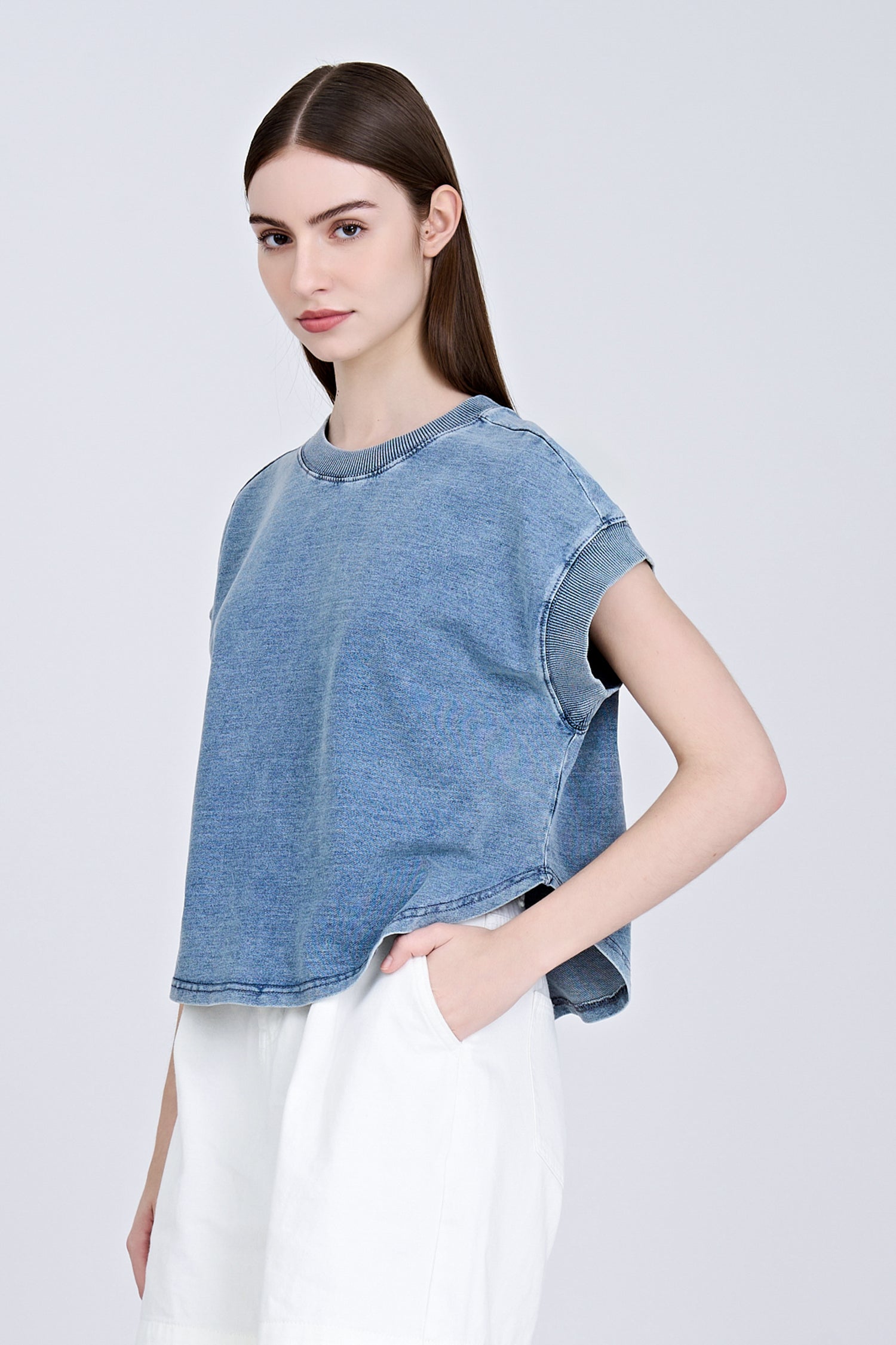 Denim Ribbed Collar Tee - Denim