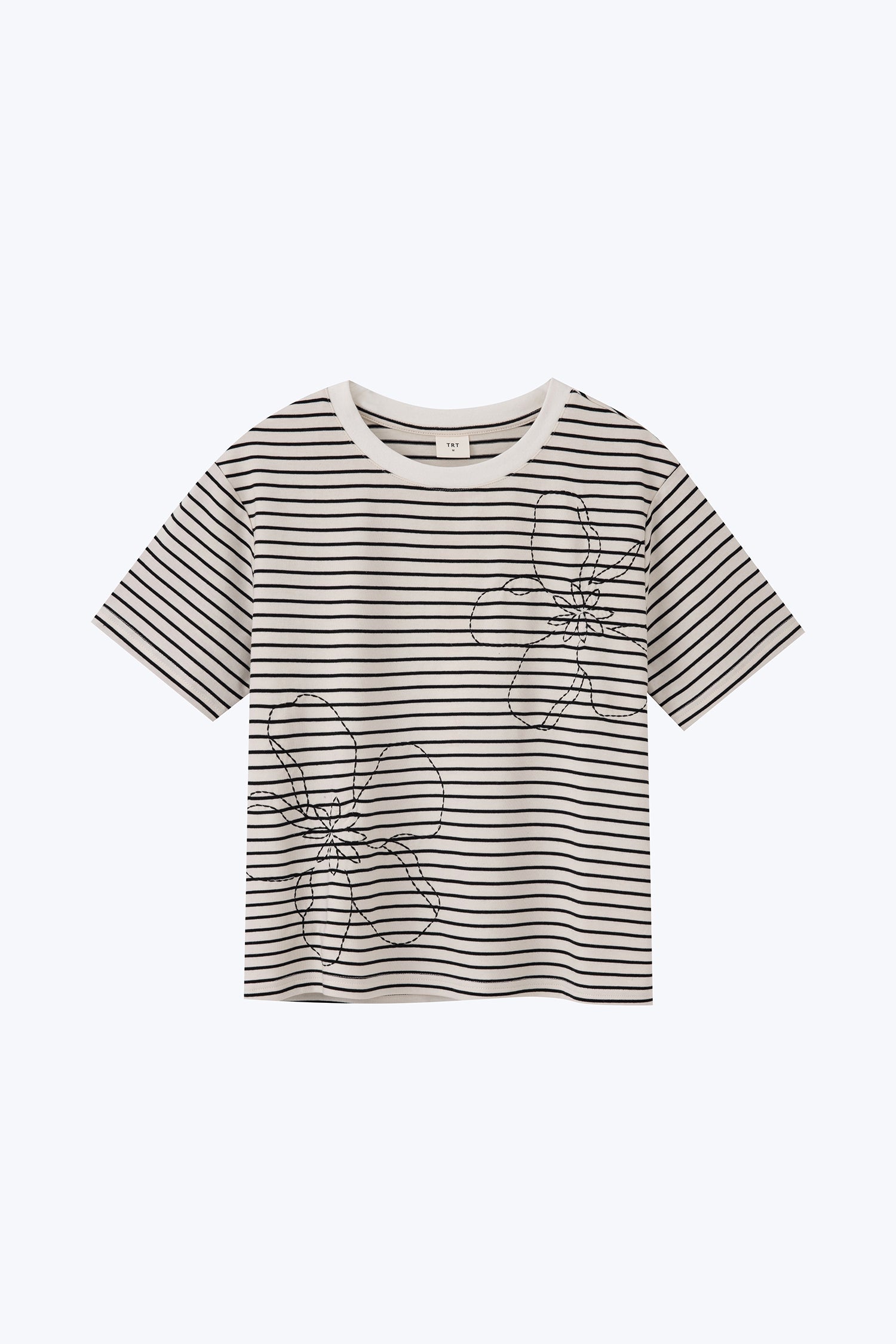 Floral Embroidery Tee - Stripes Cream