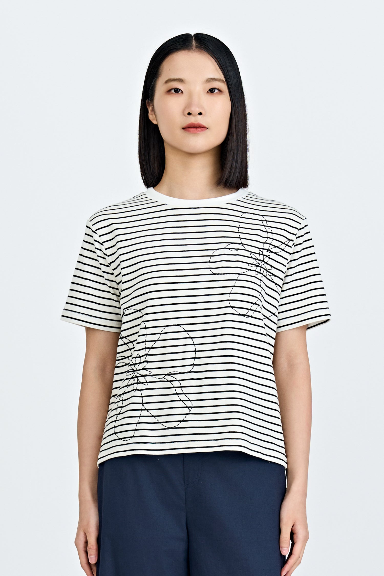 Floral Embroidery Tee - Stripes Cream