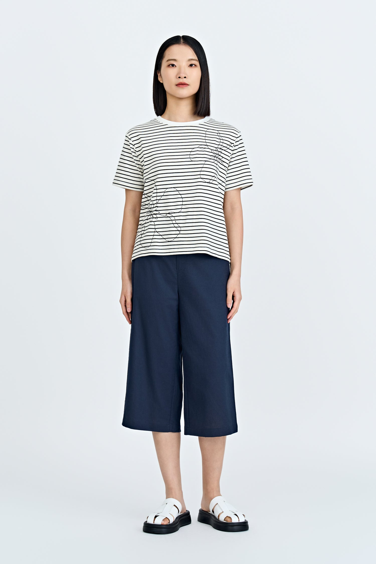 Floral Embroidery Tee - Stripes Cream