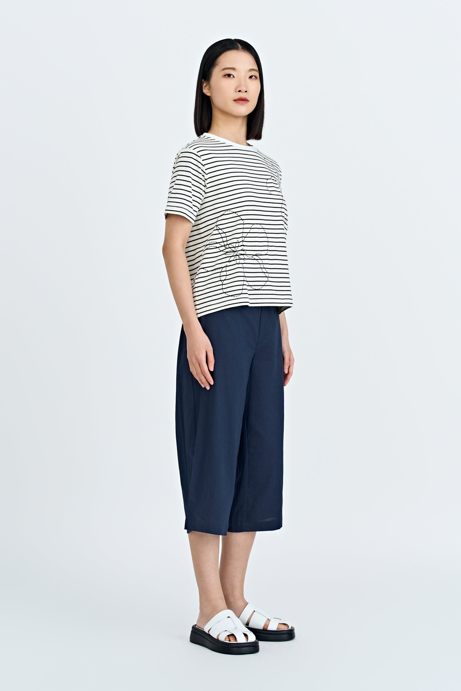Floral Embroidery Tee - Stripes Cream