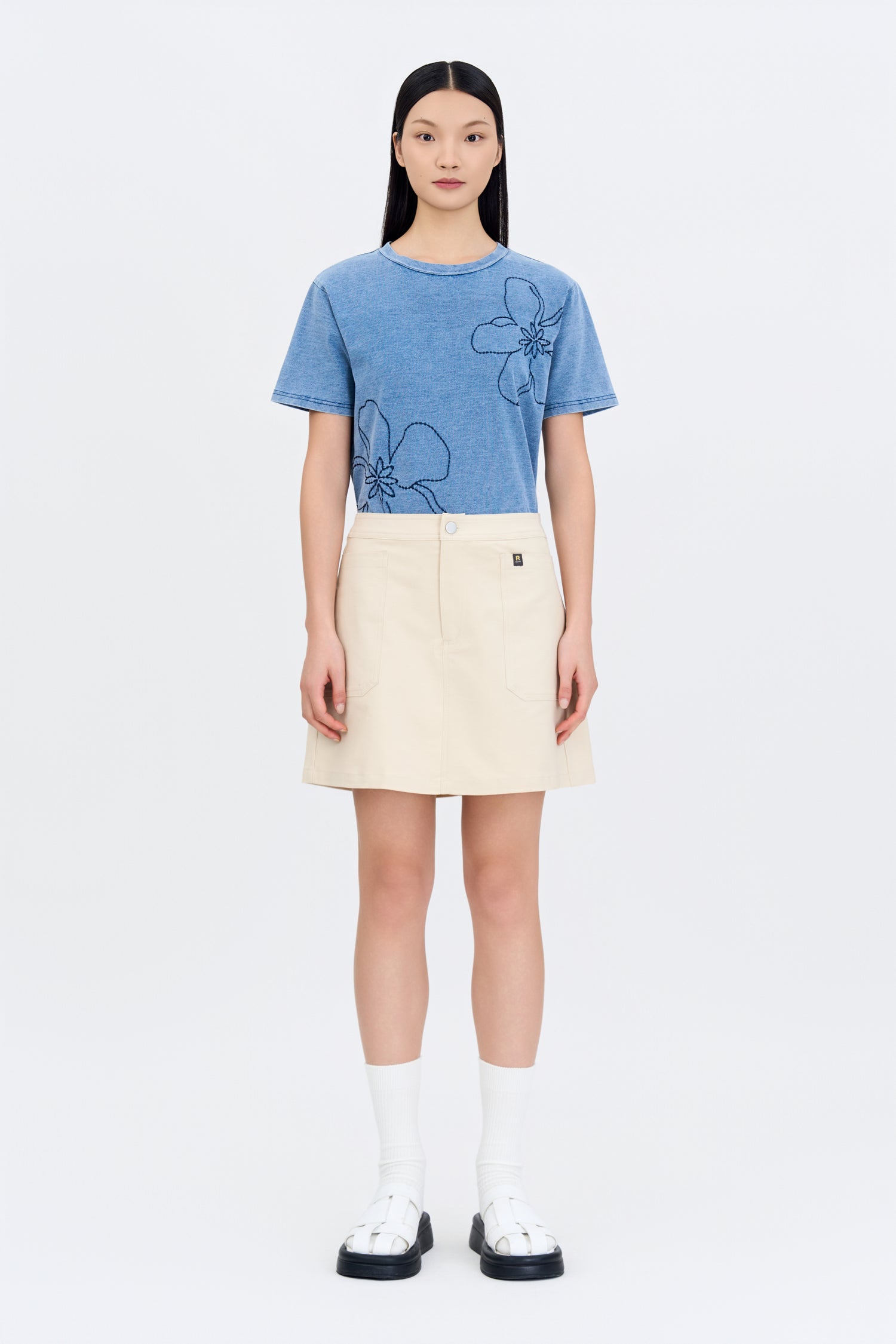 Floral Embroidery Tee - Denim