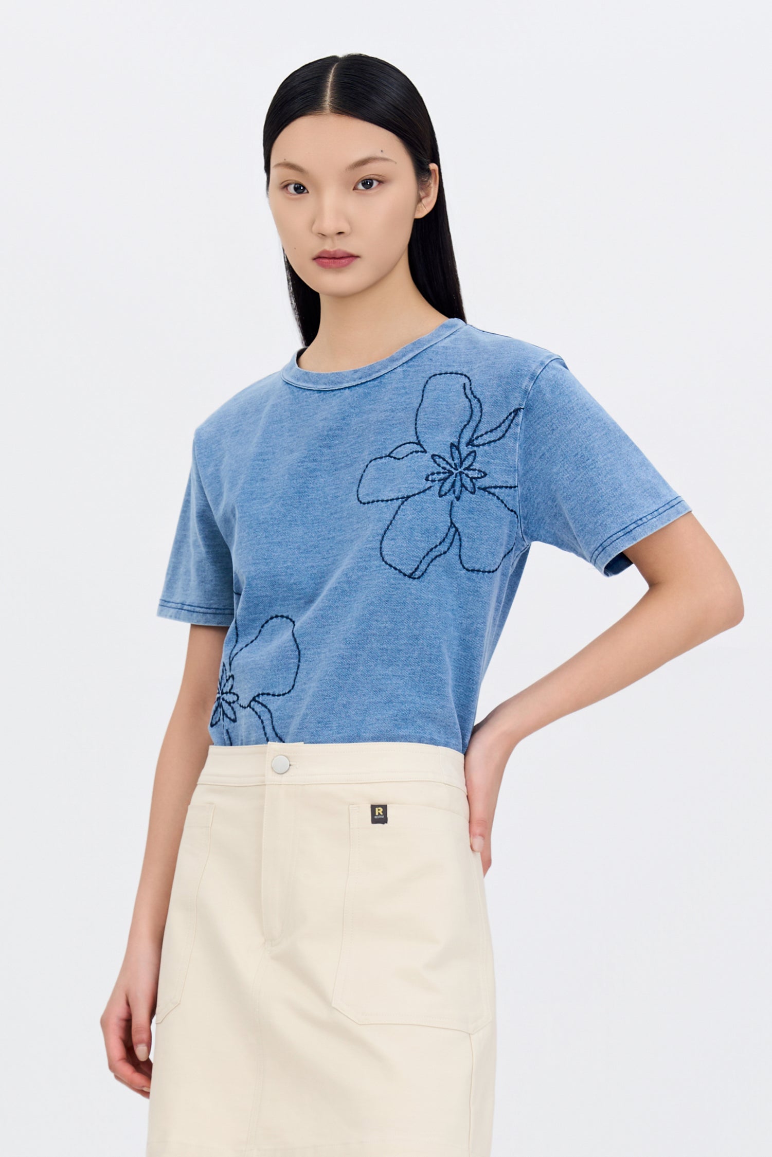 Floral Embroidery Tee - Denim