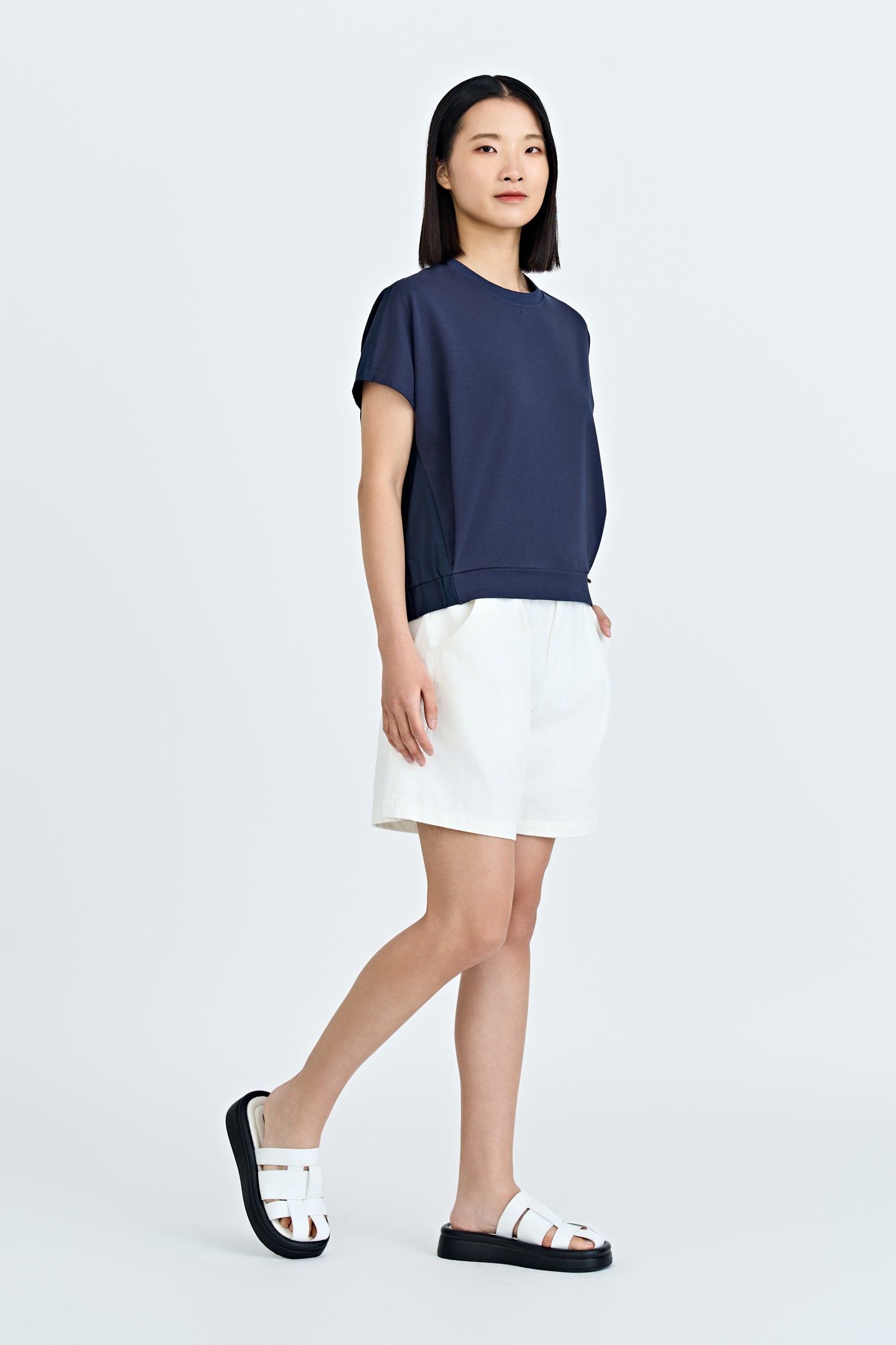 Elasticised Hem Tee - Navy