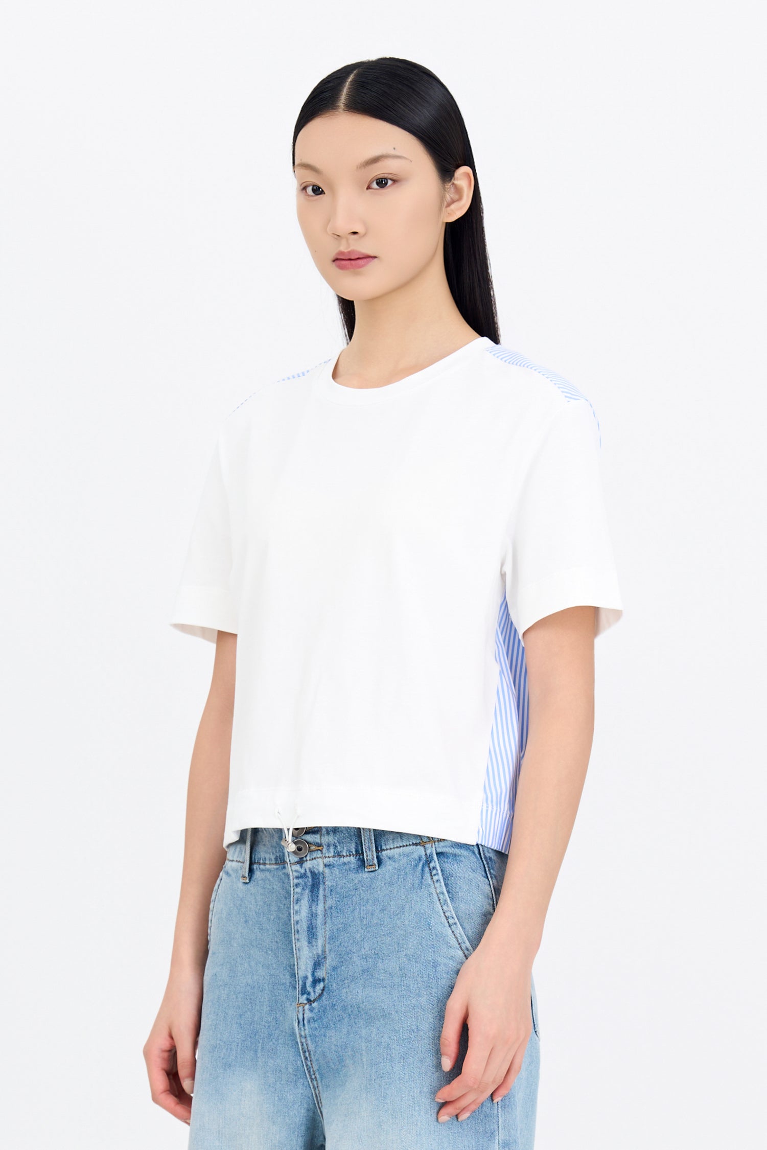 Striped Drawcord Tee - Striped Cream