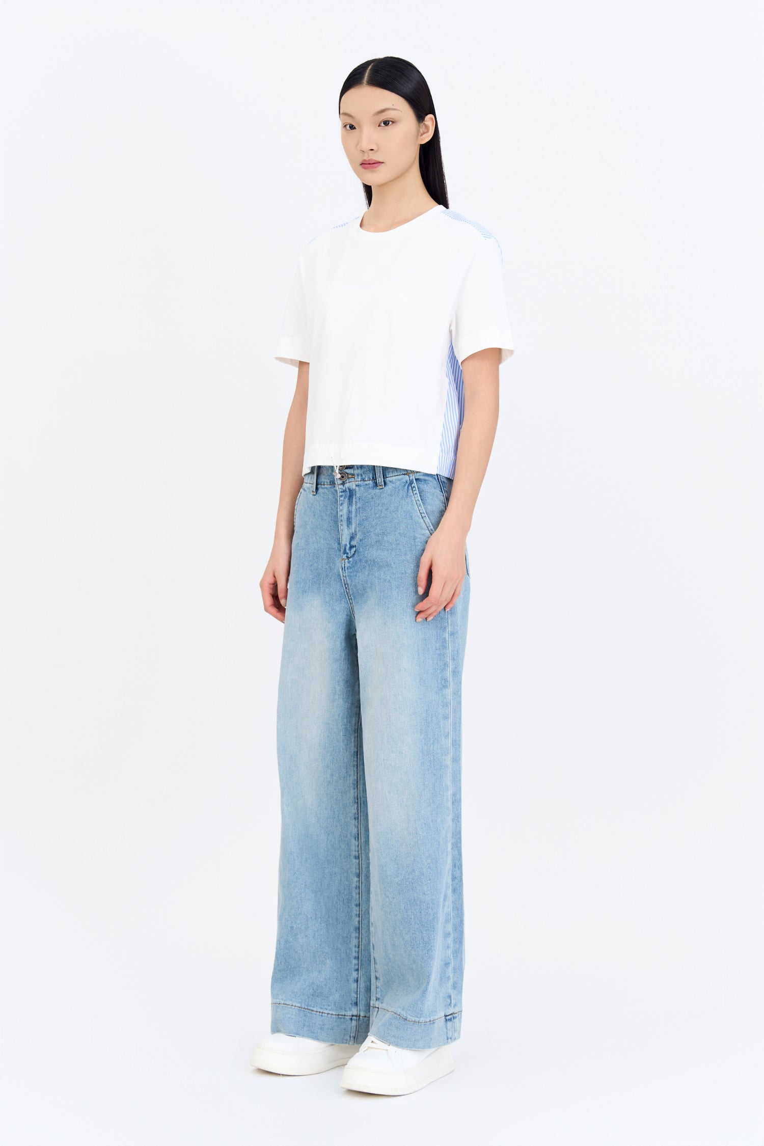 Striped Drawcord Tee - Striped Cream