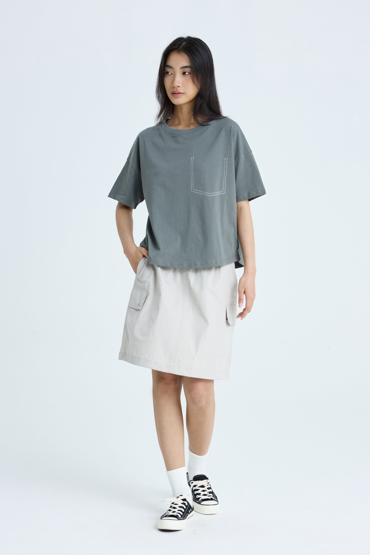 Contrast Stitched Pocket Tee - Dark Moss