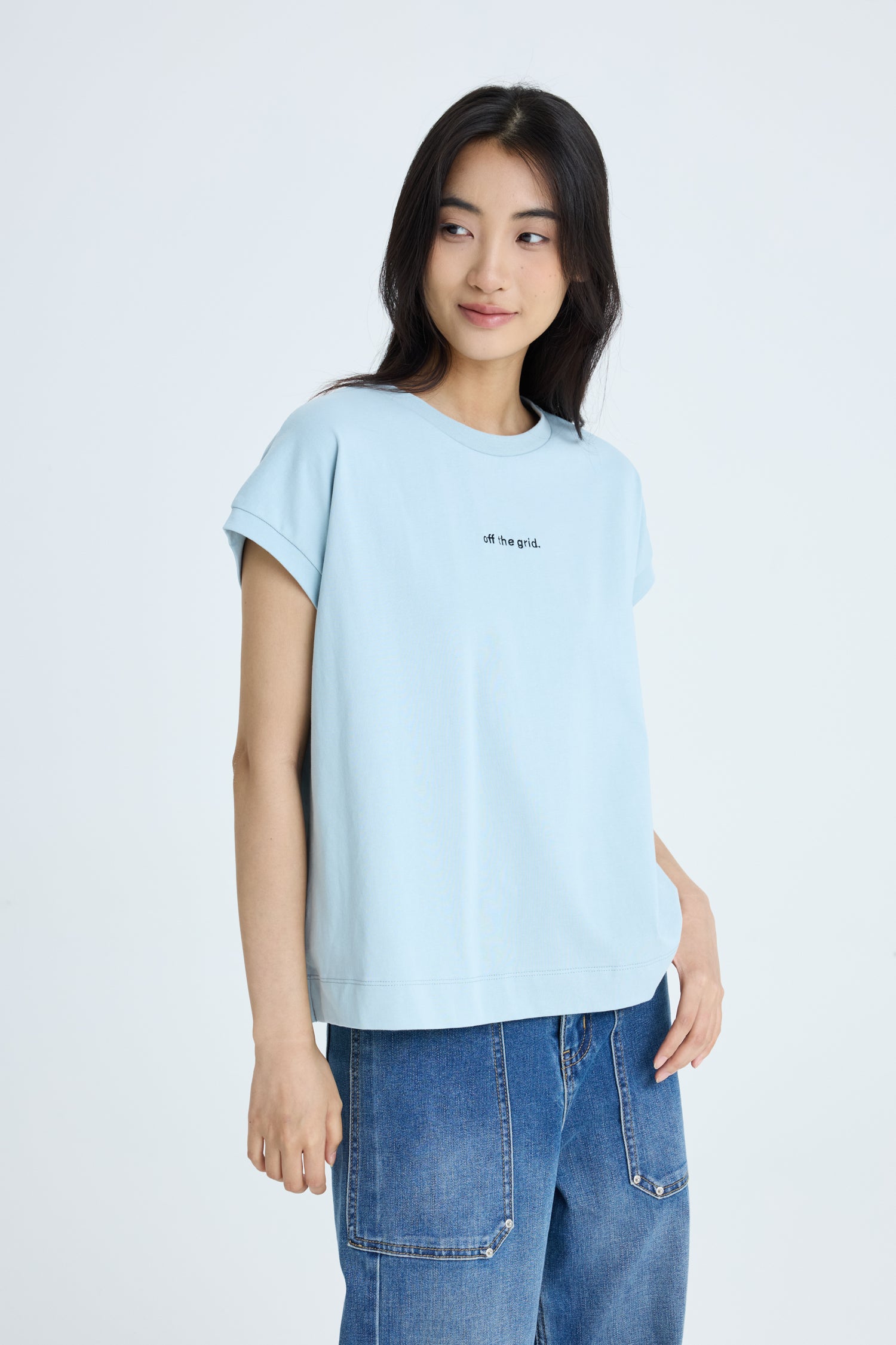 'Off The Grid' Embroidery Tee - Dusty Blue