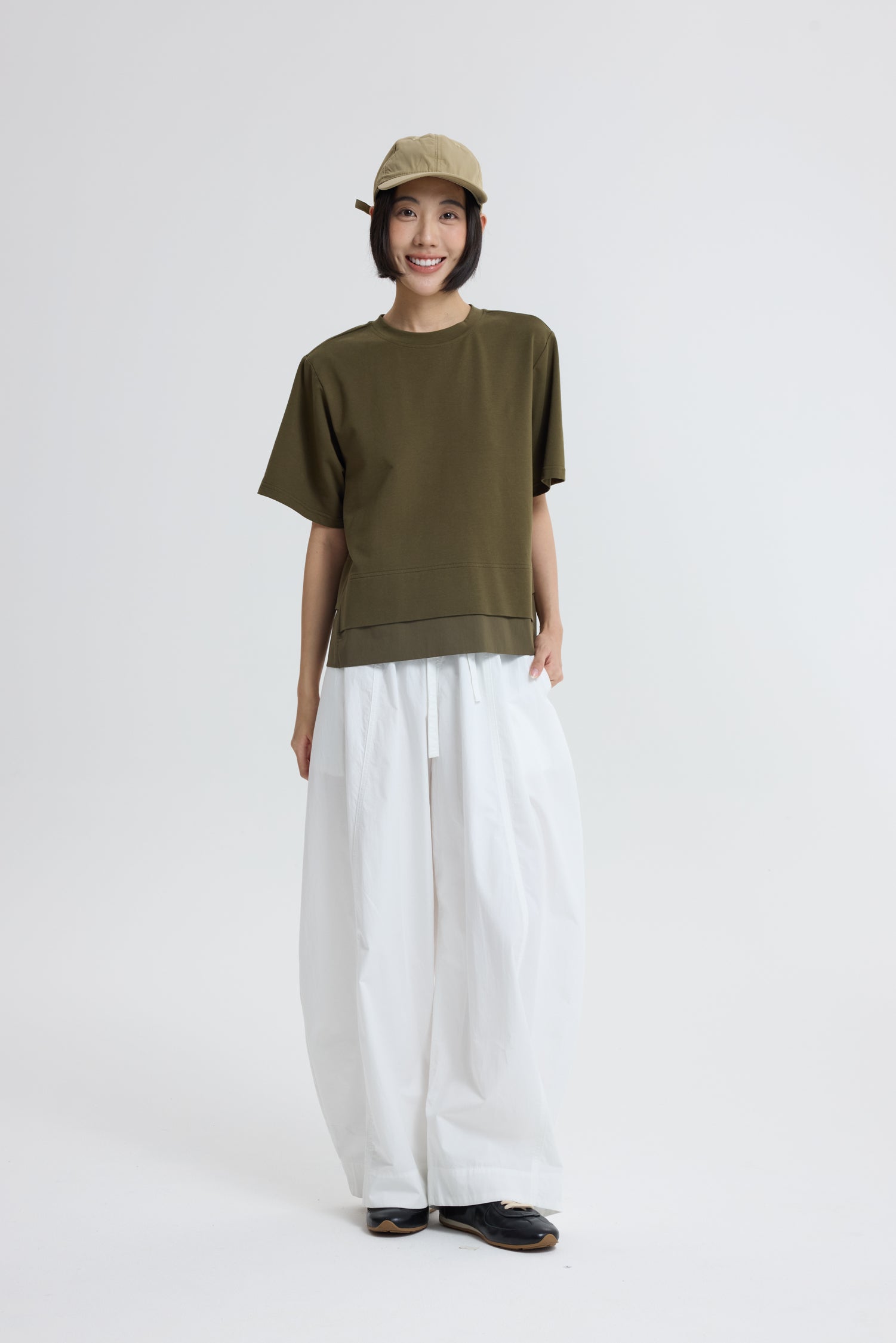 Double Layer Drawstring Hem Top - Army Green