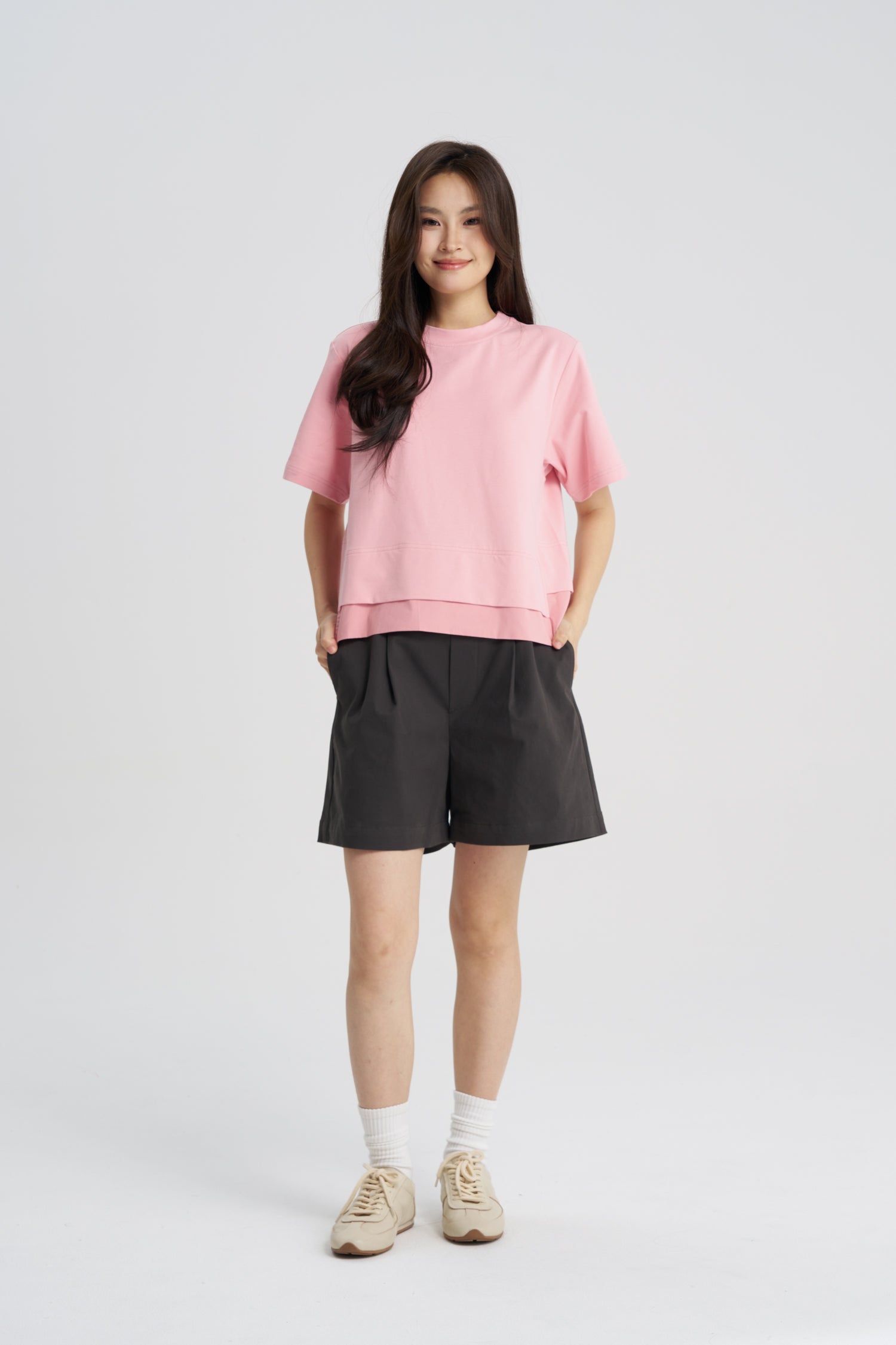 Double Layer Drawstring Hem Top - Blush