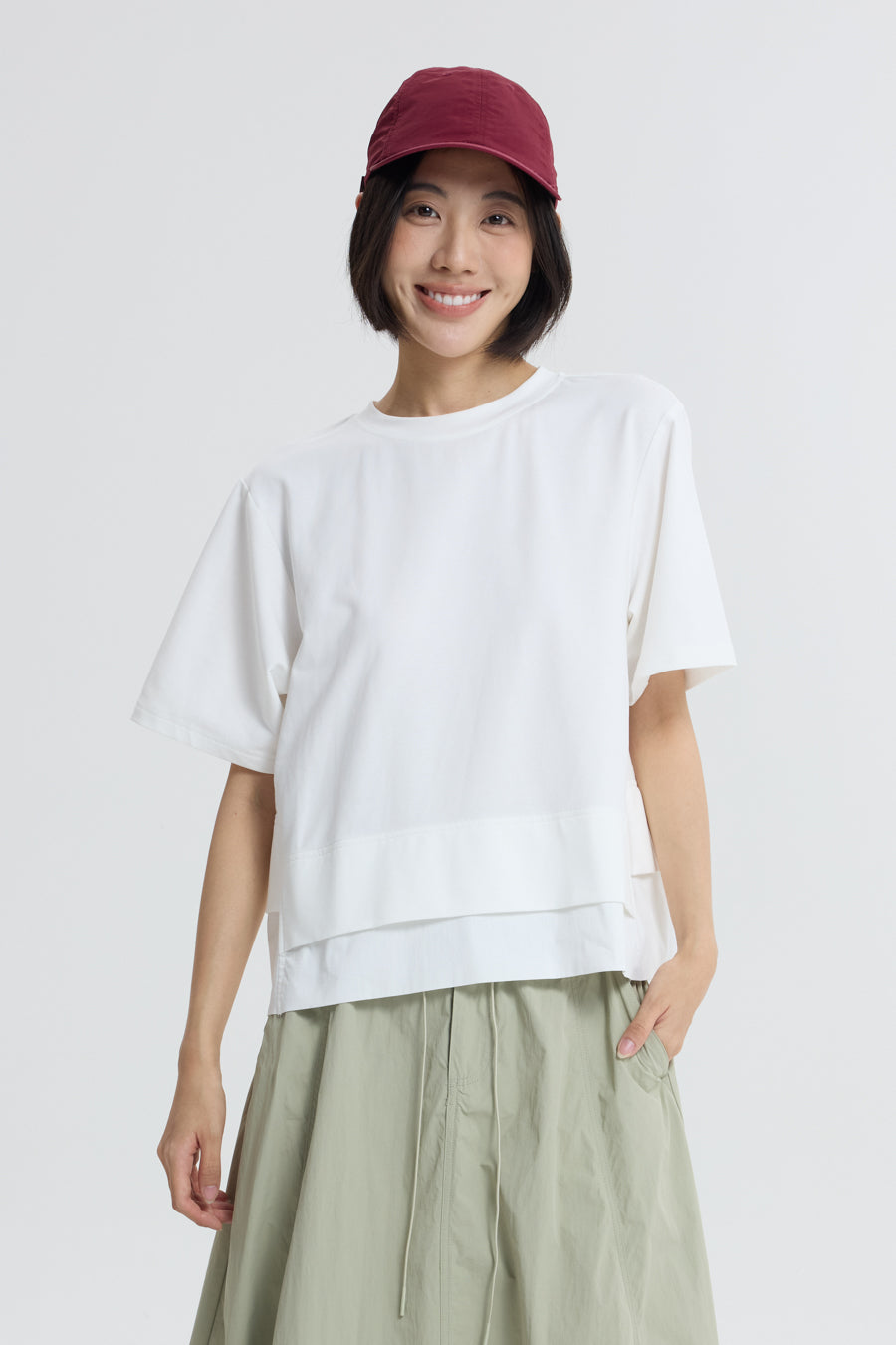 Double Layer Drawstring Hem Top - Cream
