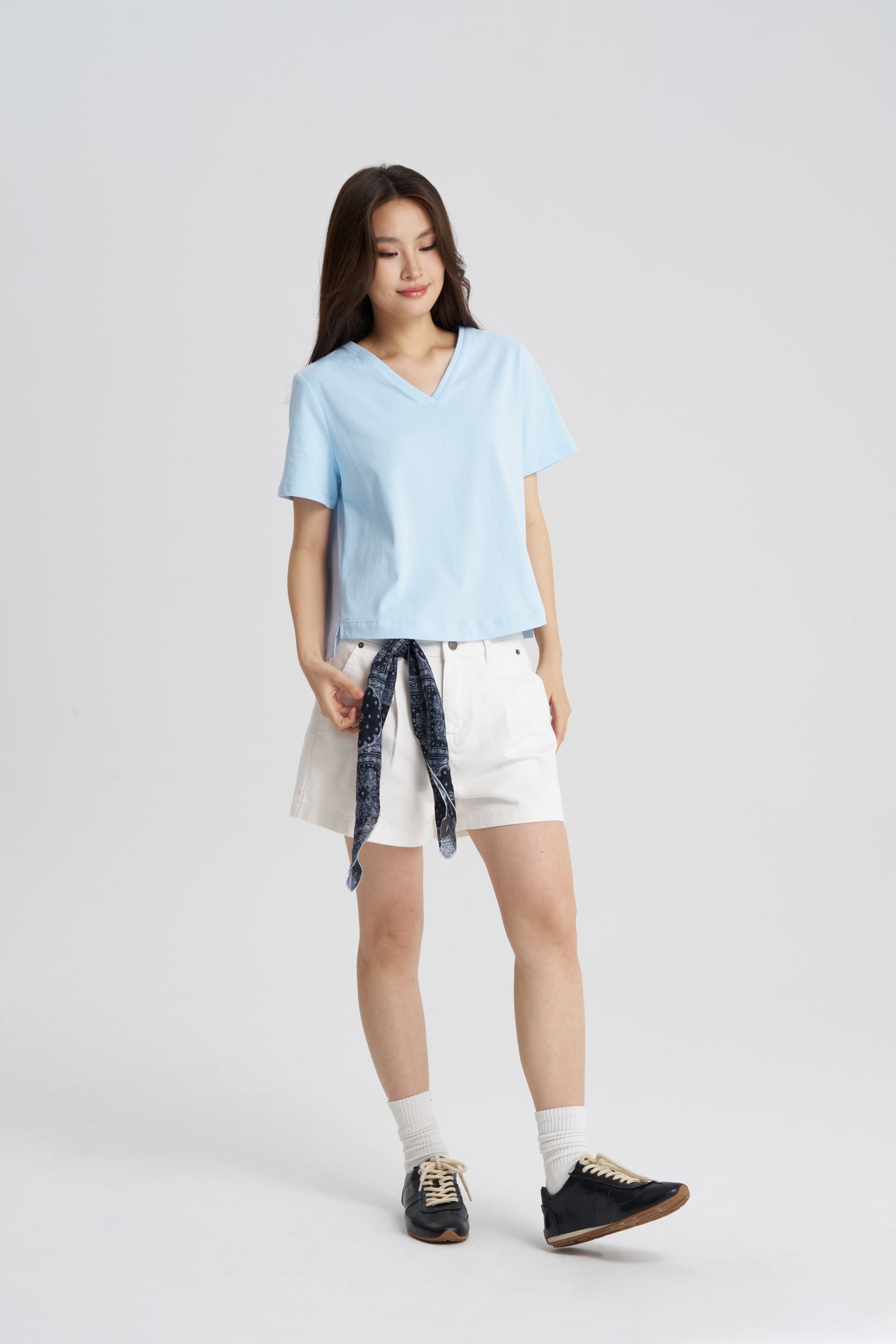 Back Gathers V-Neck Tee - Sky Blue