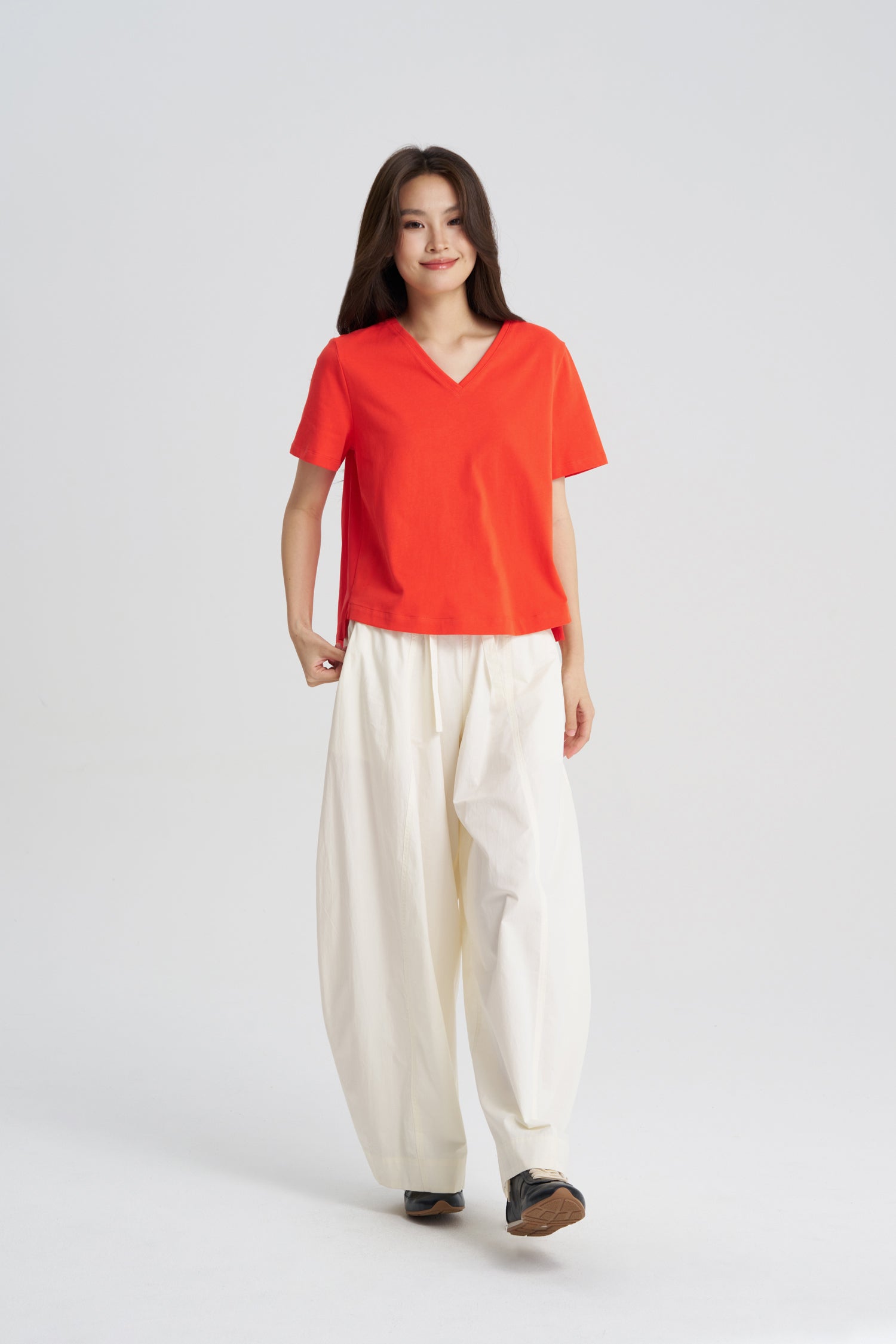 Back Gathers V-Neck Tee - Vermillion