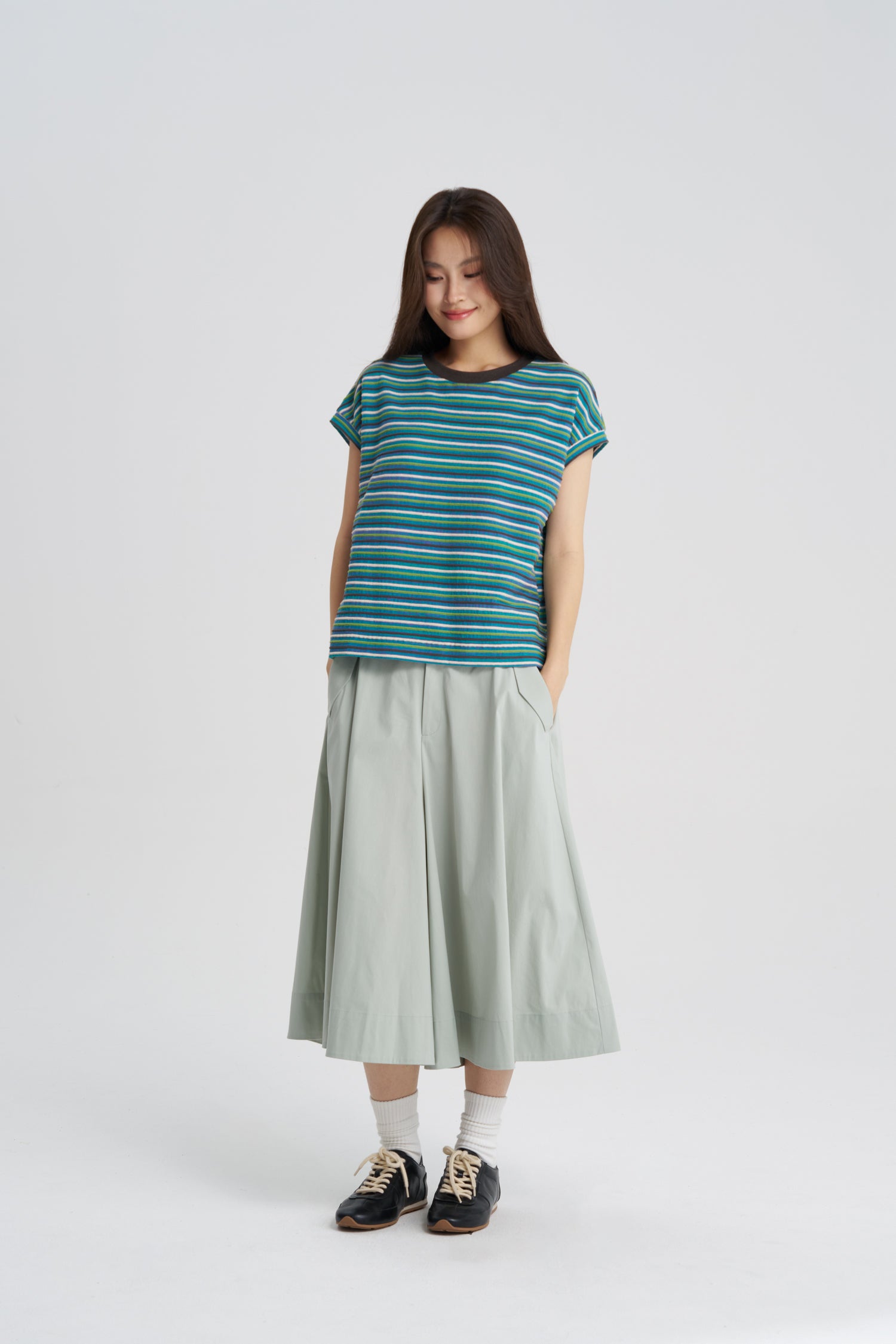 Striped Cap Sleeve Tee - Stripes Teal