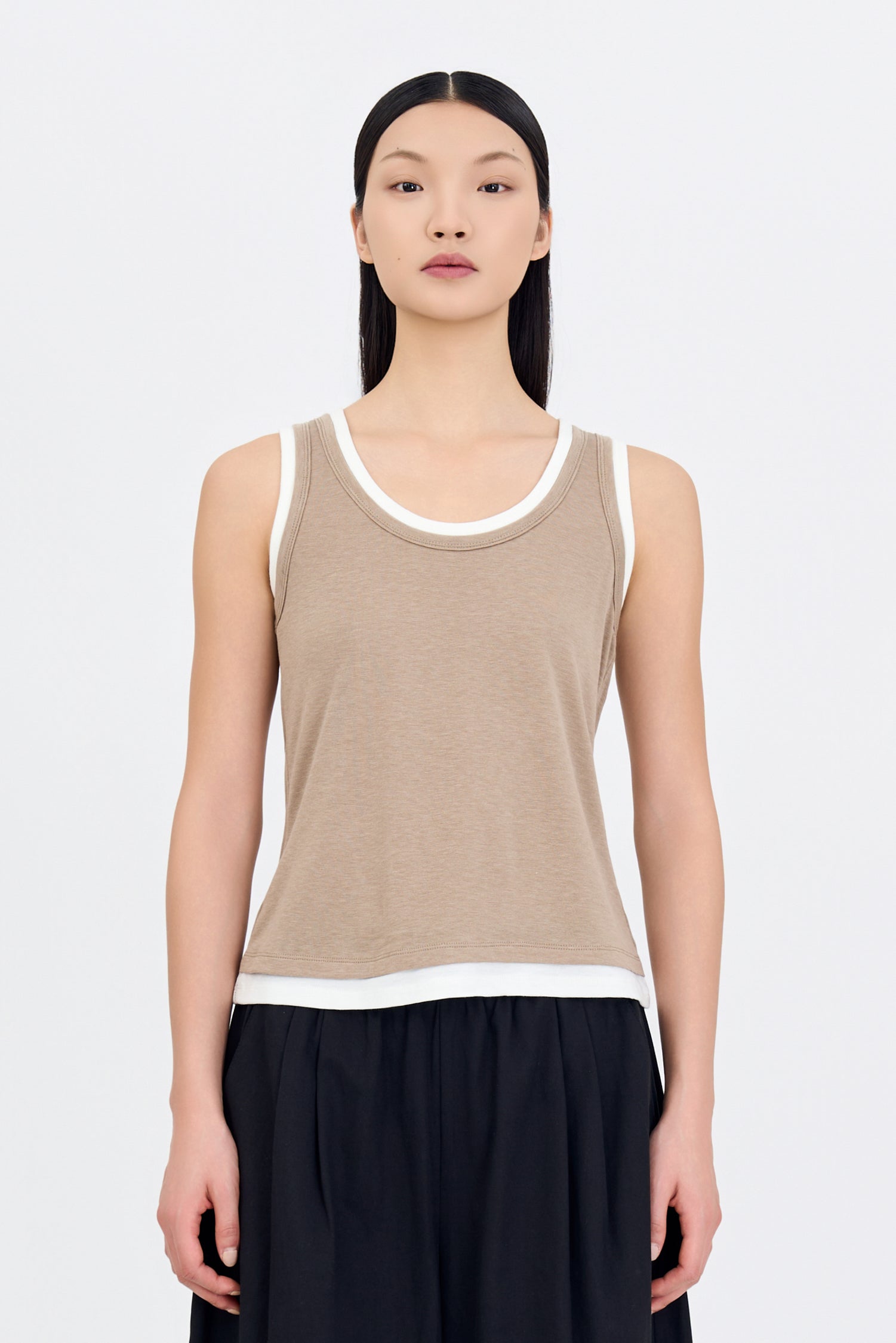 Double Collar Sleeveless Tee - Khaki