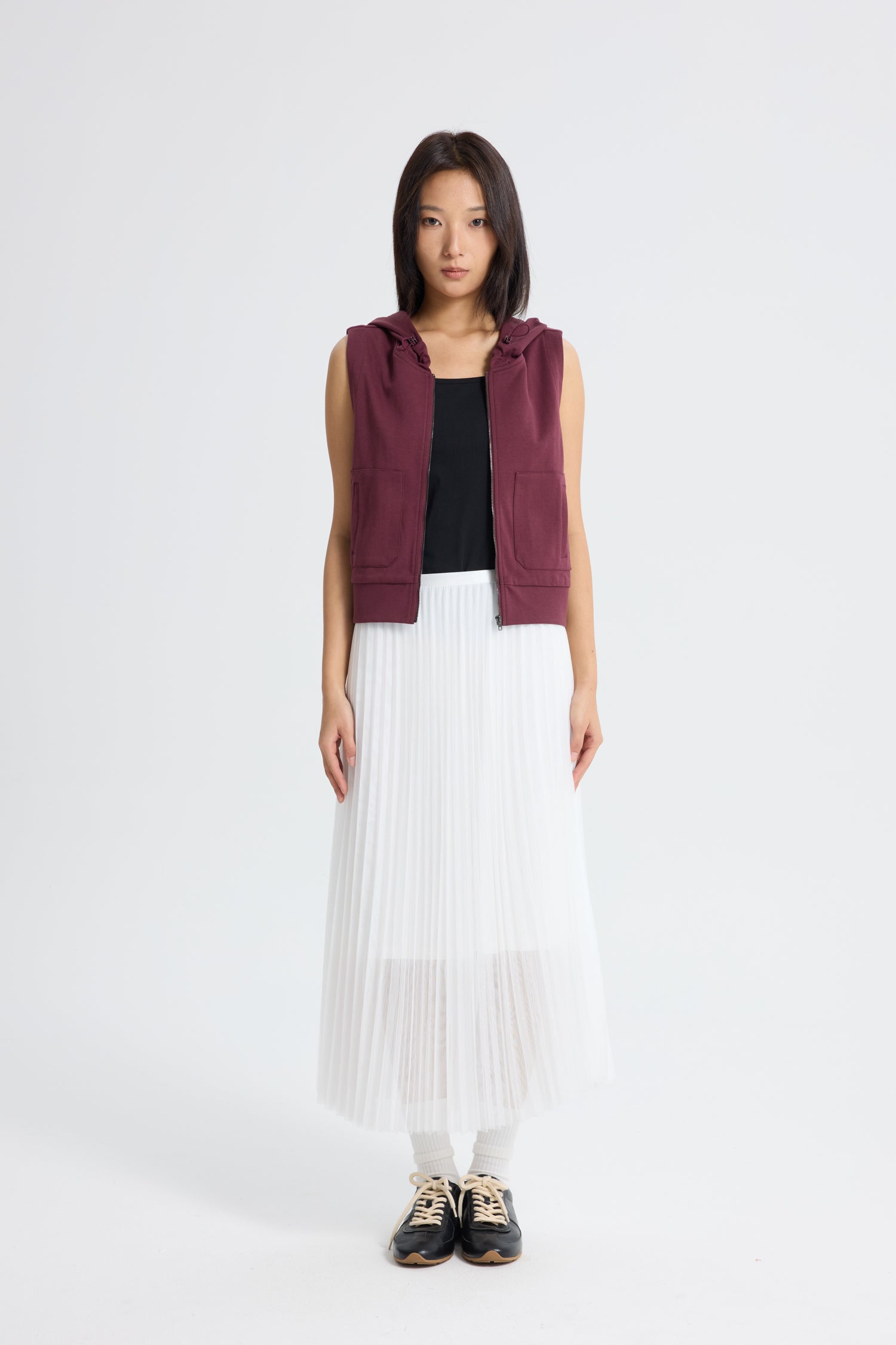 Patch Pocket Hoodie Vest - Burgundy