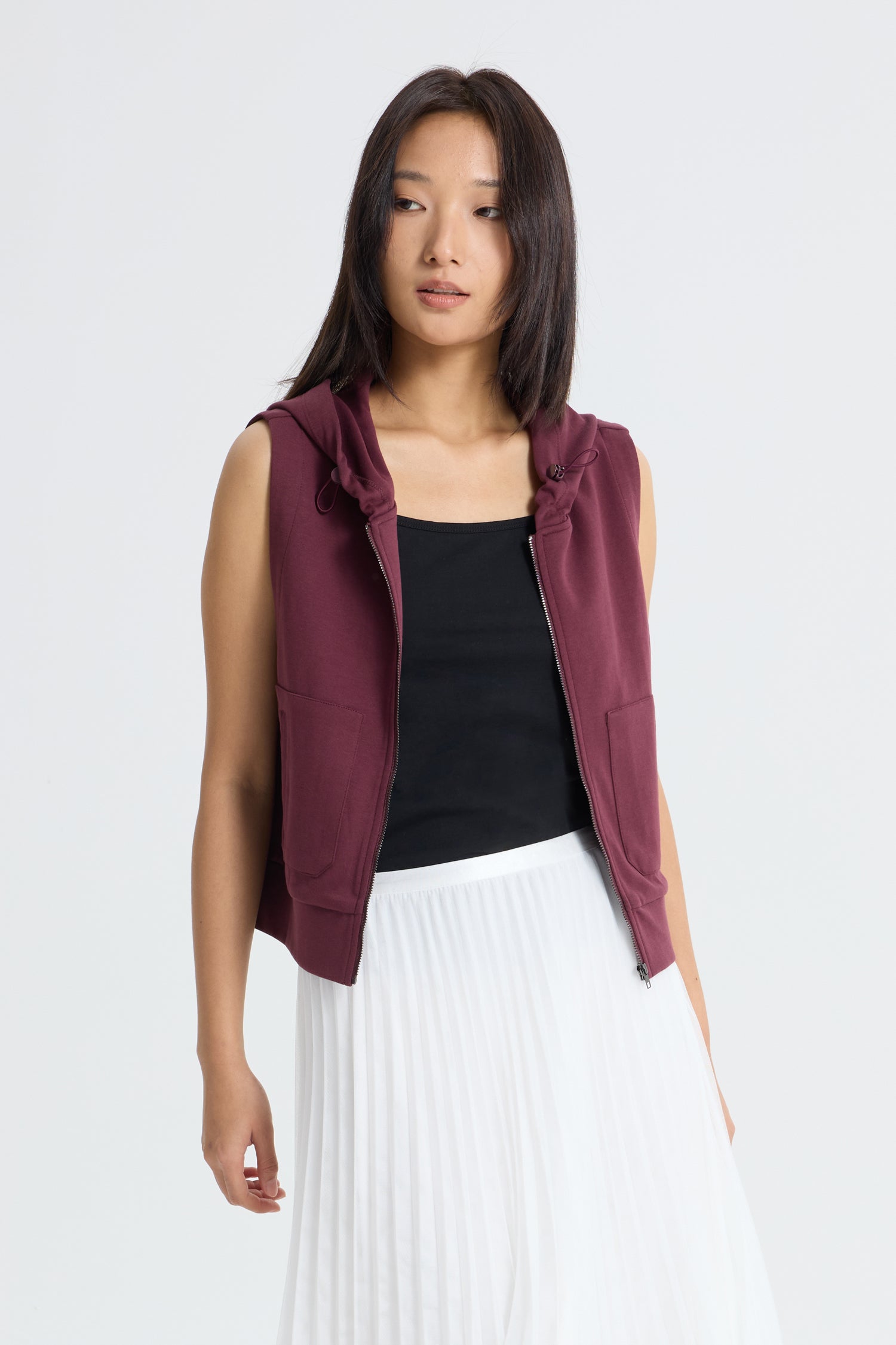 Patch Pocket Hoodie Vest - Burgundy