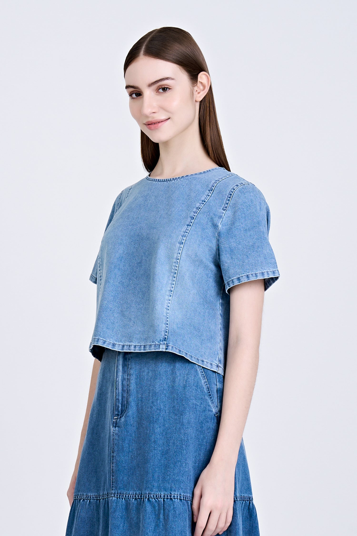 Denim Short Sleeve Blouse - Denim