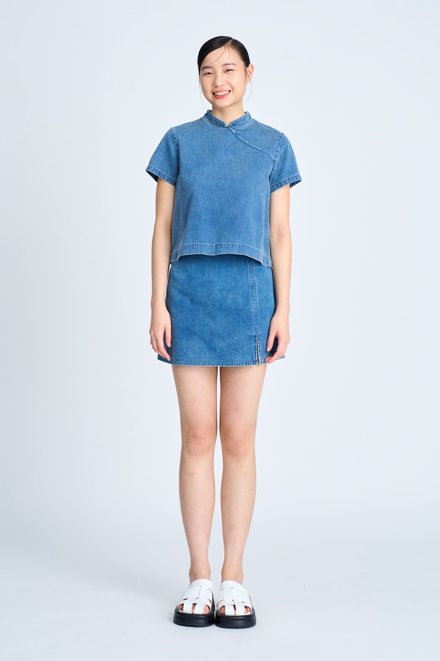 Denim Mandarin Collar Blouse - Denim [AT]
