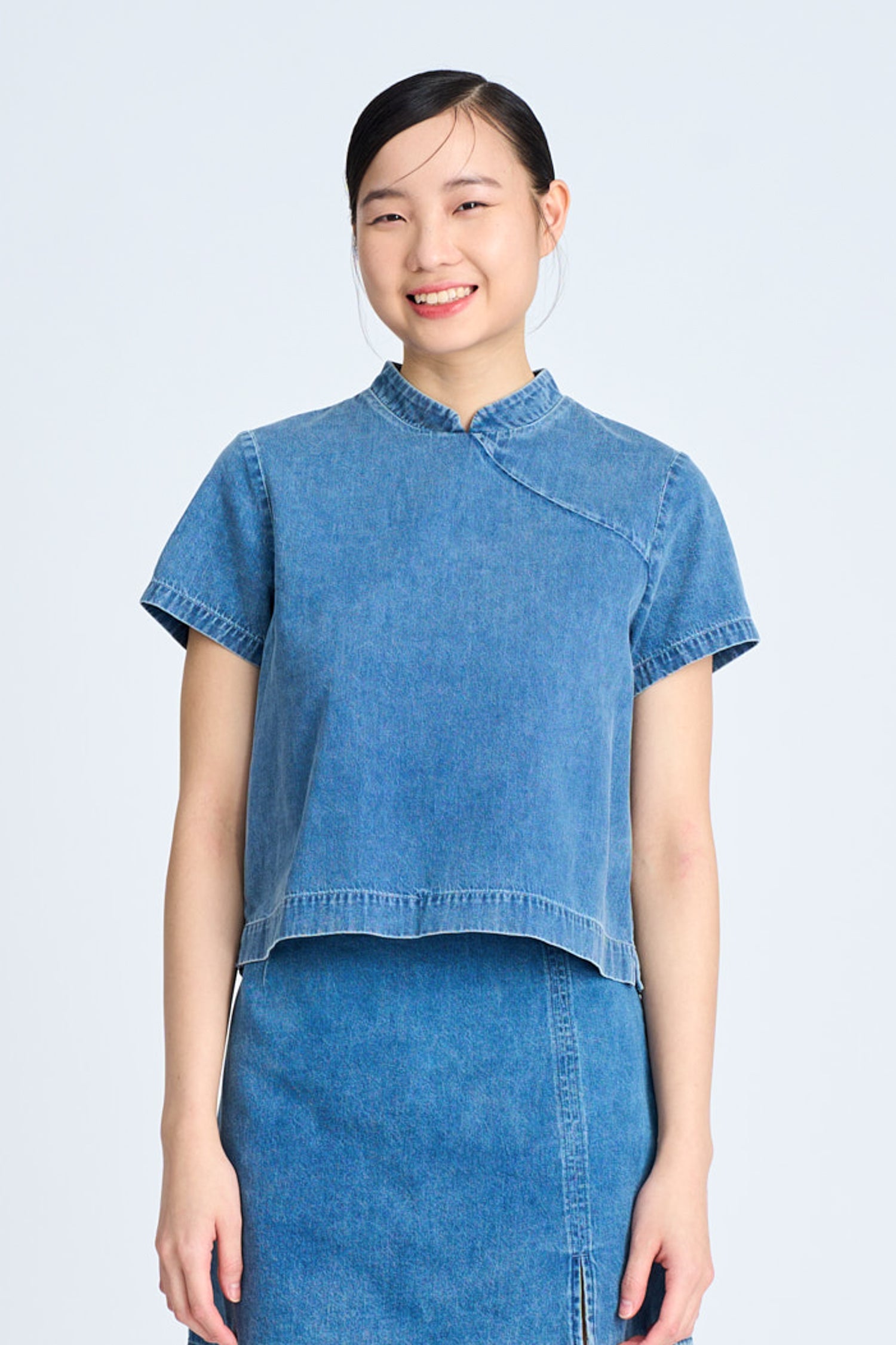 Denim Mandarin Collar Blouse - Denim [AT]