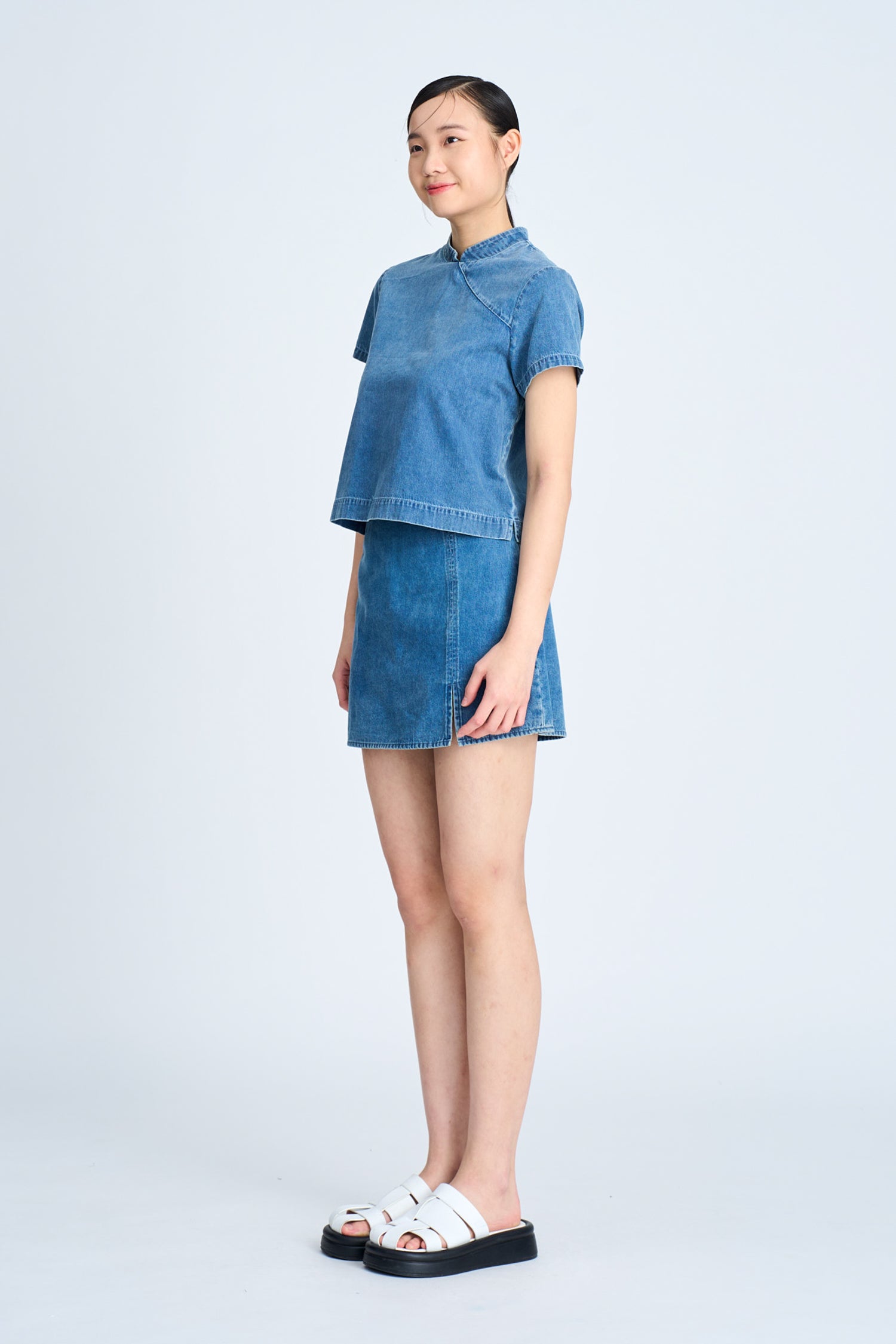 Denim Mandarin Collar Blouse - Denim [AT]