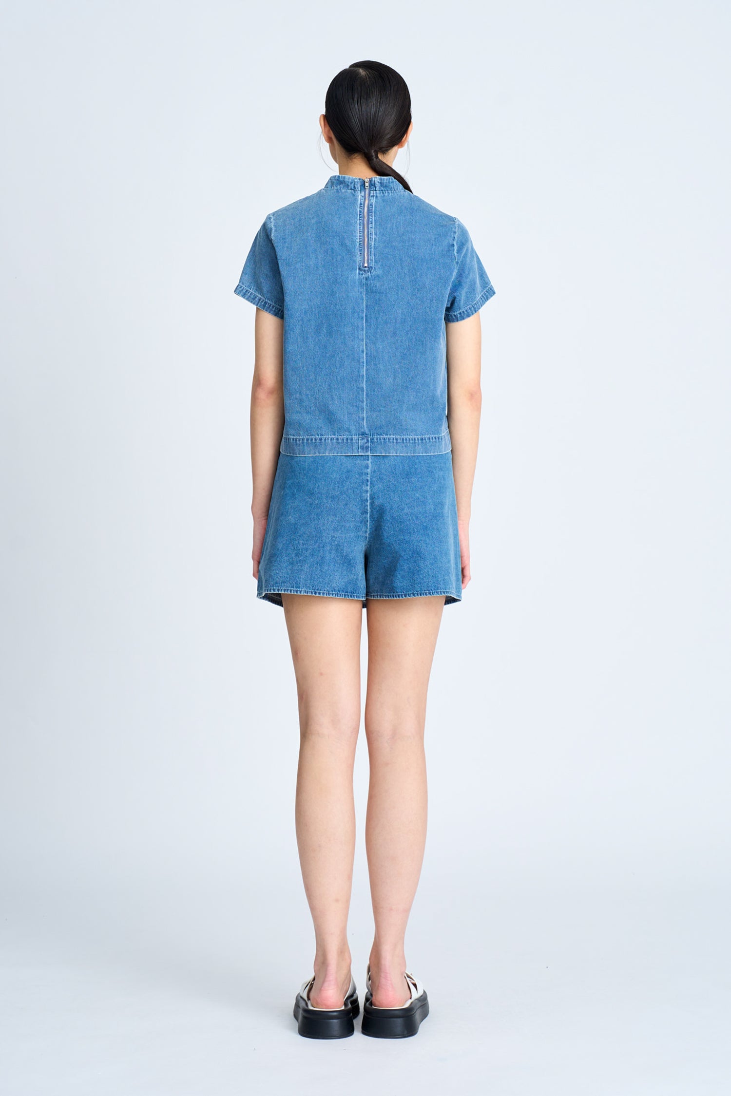 Denim Mandarin Collar Blouse - Denim [AT]